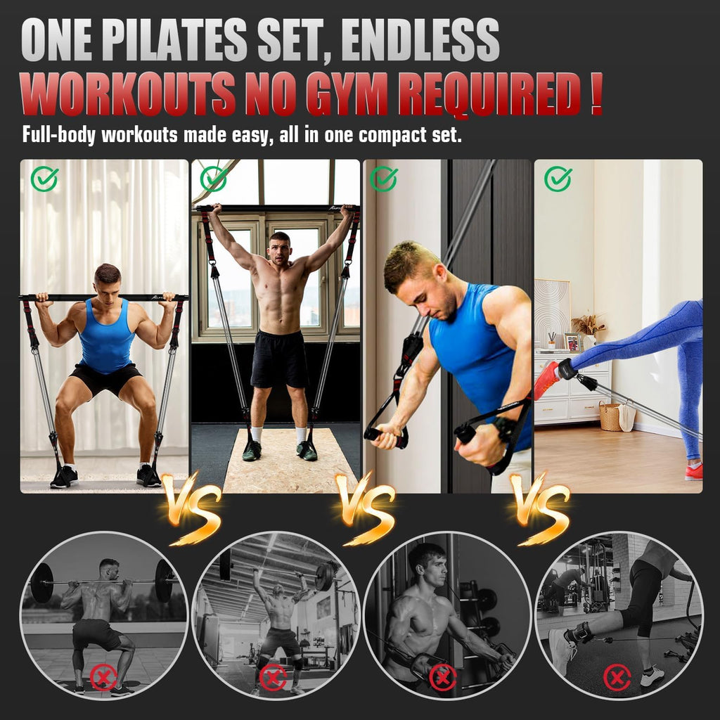 Pilates Bar Kit with Resistance Bands, Heavy Multifunctional 270Lbs Pilates Equipment for Strength Training, Abs, Back, Arms, Portable Home Gym & Travel Fitness Gear, Exercise Bands for Men