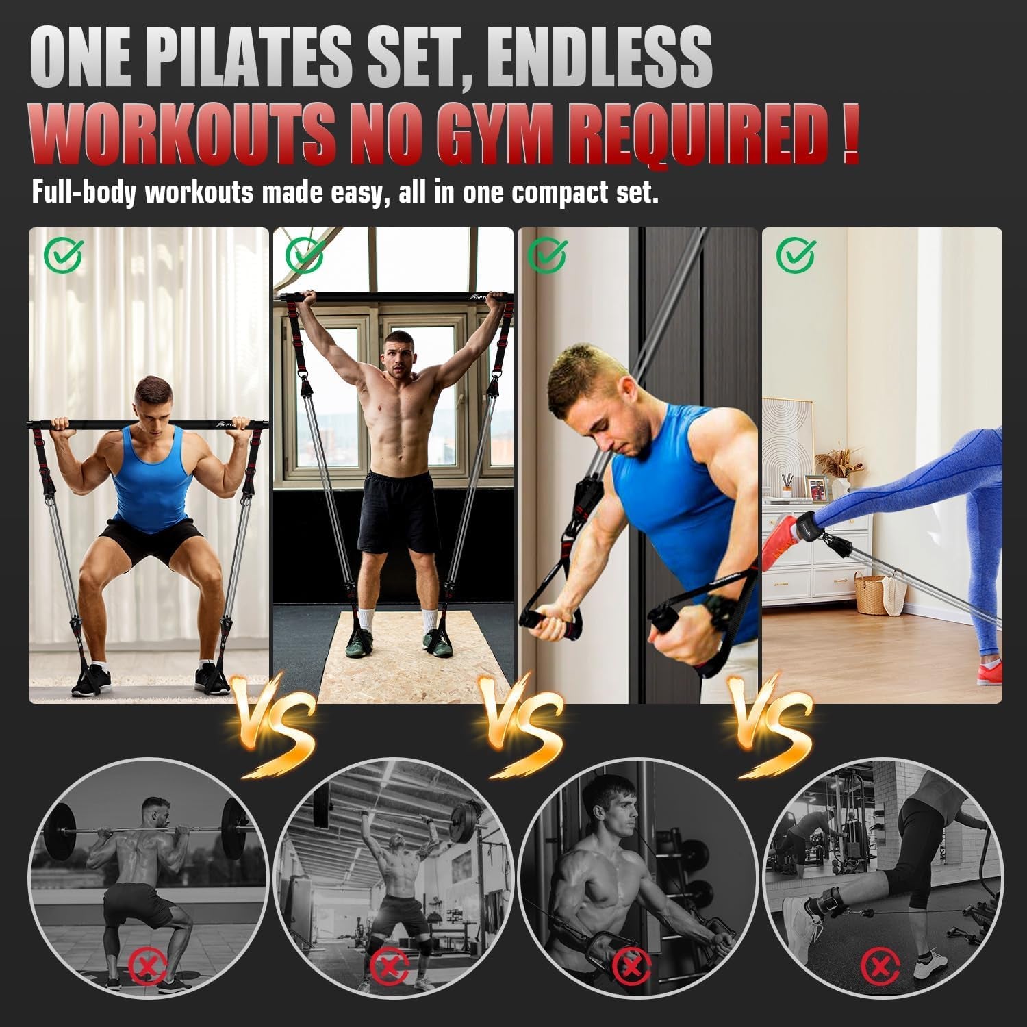 Pilates Bar Kit with Resistance Bands, Heavy Multifunctional 270Lbs Pilates Equipment for Strength Training, Abs, Back, Arms, Portable Home Gym & Travel Fitness Gear, Exercise Bands for Men