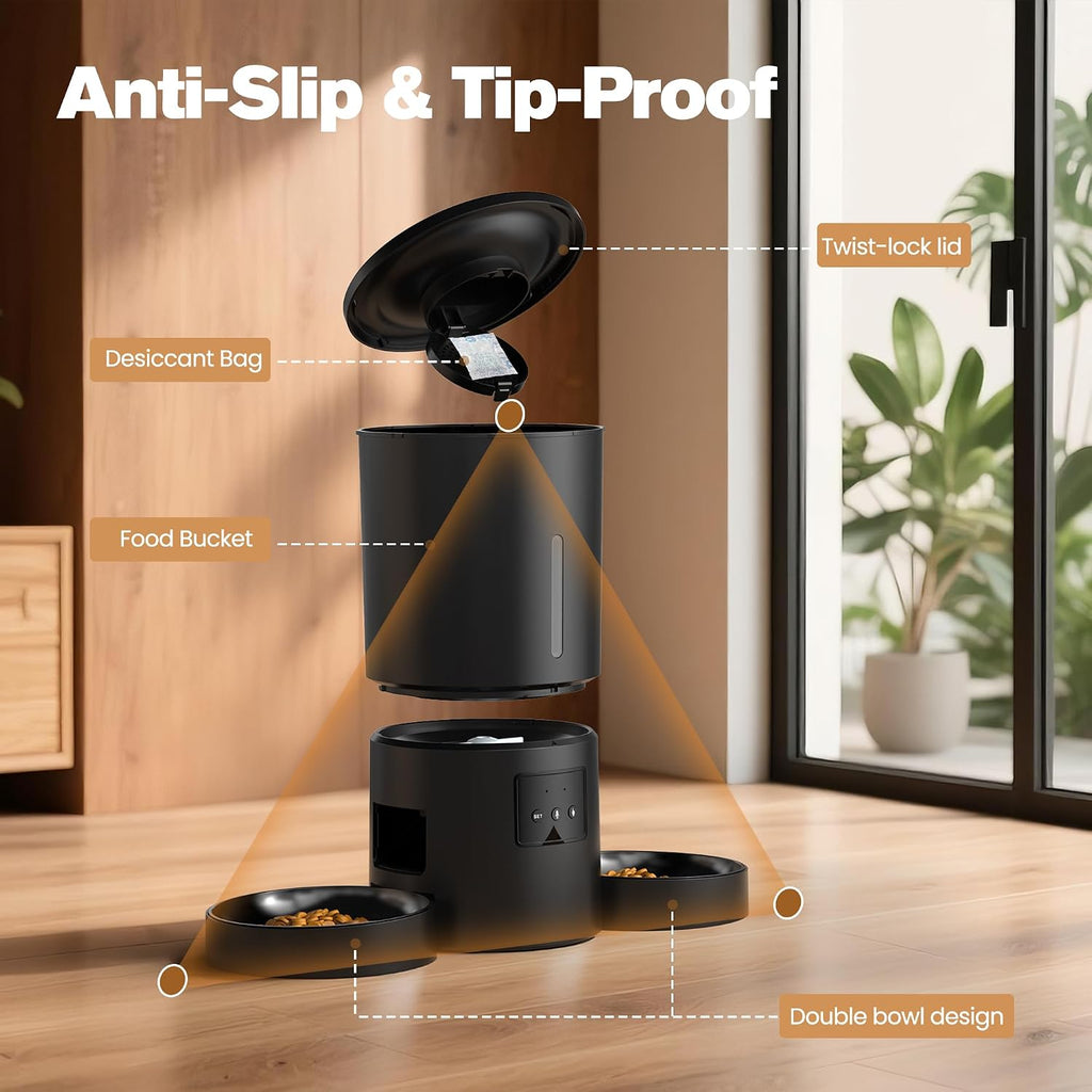 Automatic Cat Feeder with 2 Bowls: 5L Automatic Cat Feeder for 2 Cats with 2.4G Wifi & App Timer for Dry Food -  Dual Bowl Design for Mult Cats & Dogs - Black