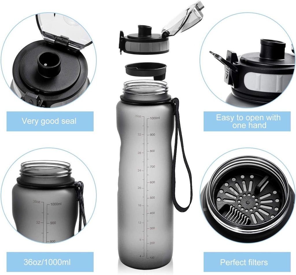 Sports Water Bottle 1L, BPA Free Tritan Leak Proof Gym Bottle, Grey