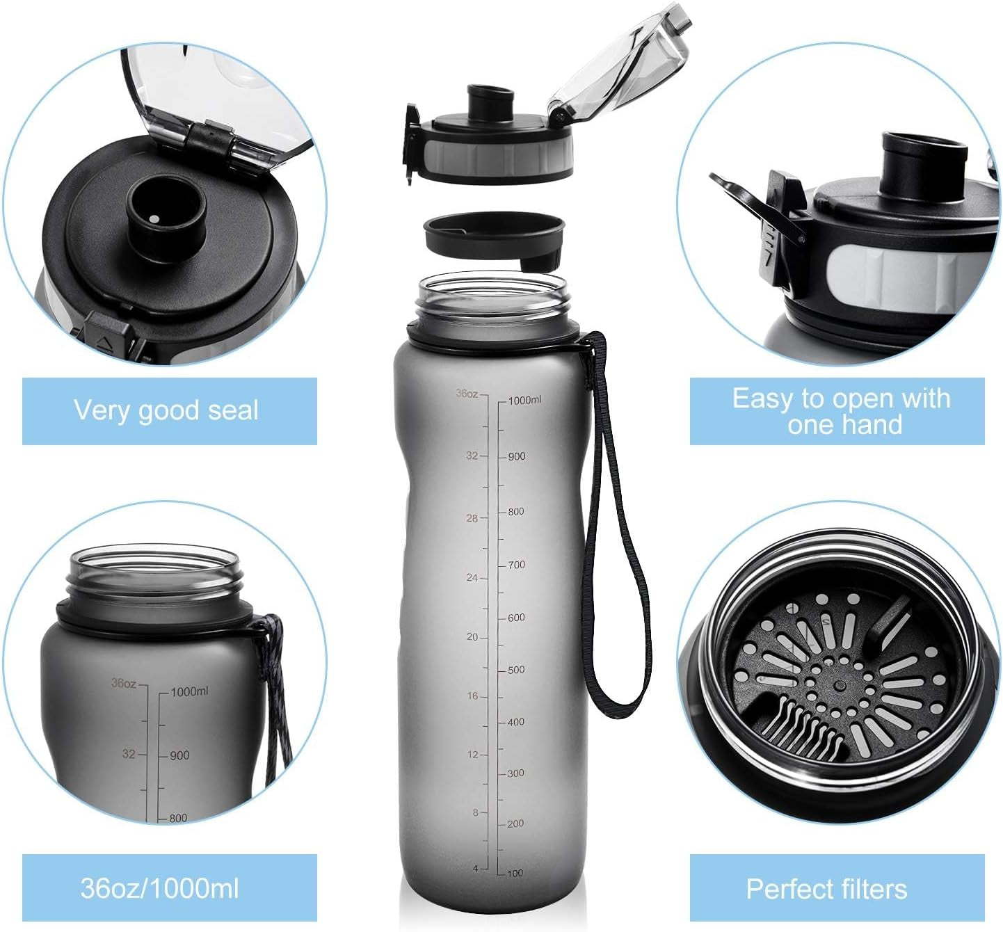 Sports Water Bottle 1L, BPA Free Tritan Leak Proof Gym Bottle, Grey