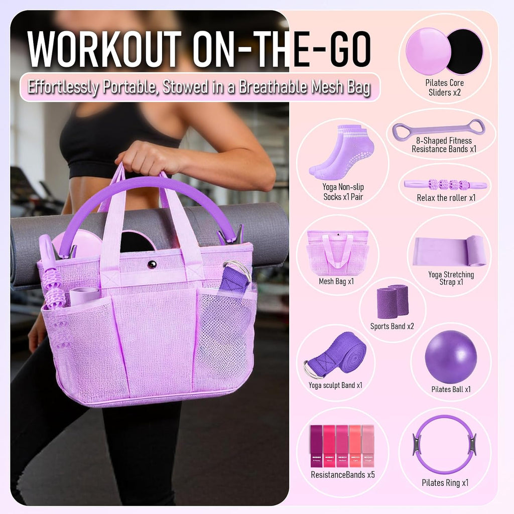 Pilates Equipment 15PCS Essential Kit, Home Workout Pilates Starter Ring Kits for Women Beginners, Yoga Ball, Resistance Bands, Non-Slip Wrist Straps, Fitness Exercise Equipment for Home Use