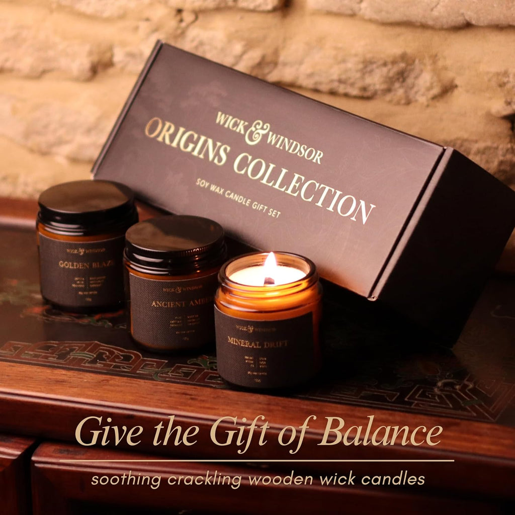 | Scented Candle Gift Set | Origins Collection | 3 Luxury Soy Wax Candles | Wooden Wick | 3×100G | Amber, Black Pepper & Sea Salt | Gift for Him - Birthday, Christmas & Father'S Day
