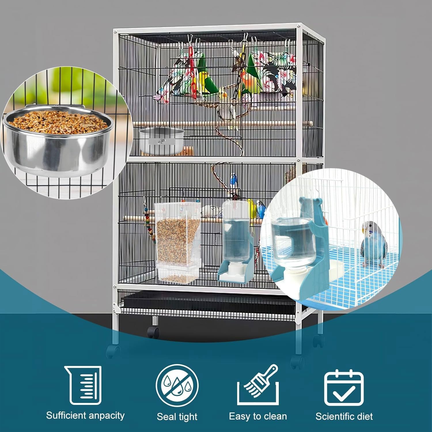 No Mess Bird Feeder Water Dispenser Set, Automatic Parrot Feeder Cage Accessories, Clear Parakeet Seed Container Food Feeder Drinker for Cage, Cockatiel Finch Lovebirds Budgies Canary (Set-A)