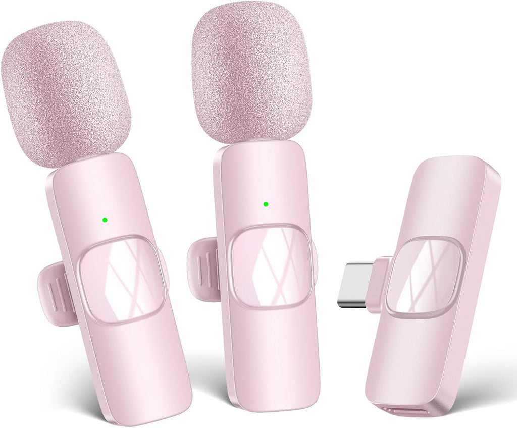 Wireless Microphone for Android Phone/Iphone/Laptop, Lavalier Microphone for Video Recording, Vlog, Live Broadcast (Pink)