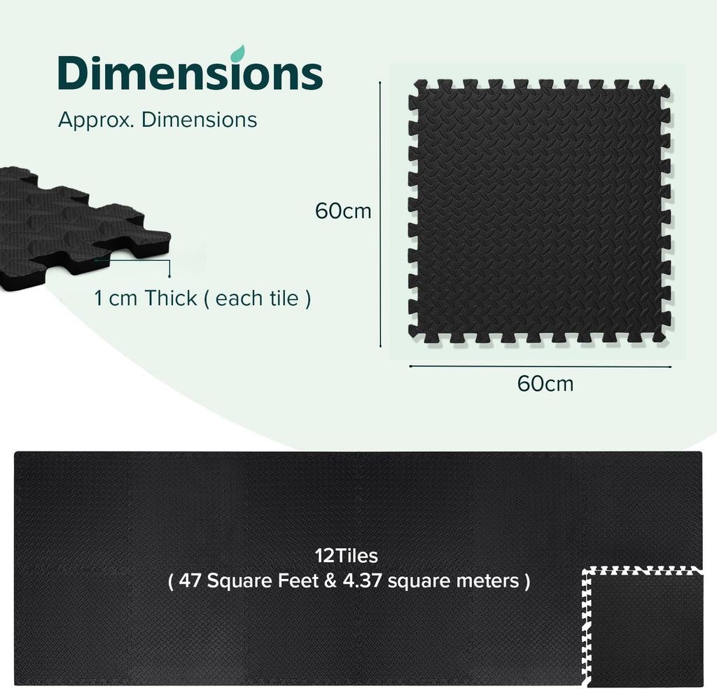 Interlocking Foam Mats Soft | (60 X 60 Cm) Eva Exercise Mat | 12 Tiles Covers 48 Square Feet | Rubber Matting Non-Slip for Gym Floor | Thick Yoga Exercise Matt for Home, Gym, or Office