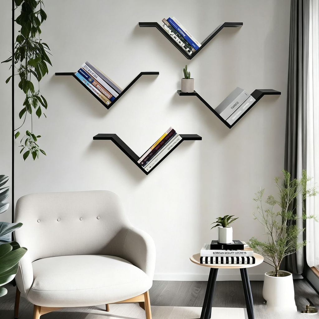 V-shaped wall mounted floating bookshelf