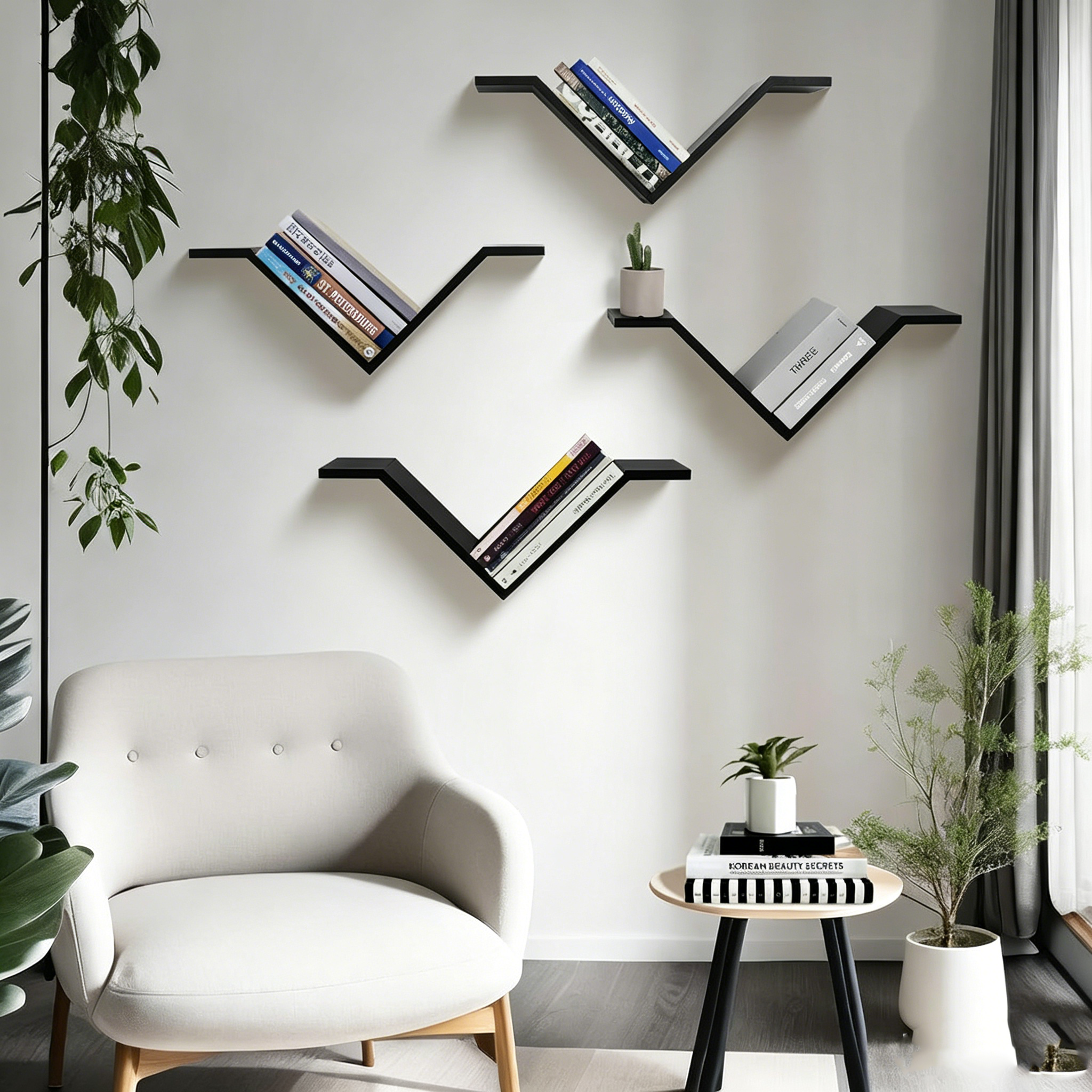 V-shaped wall mounted floating bookshelf