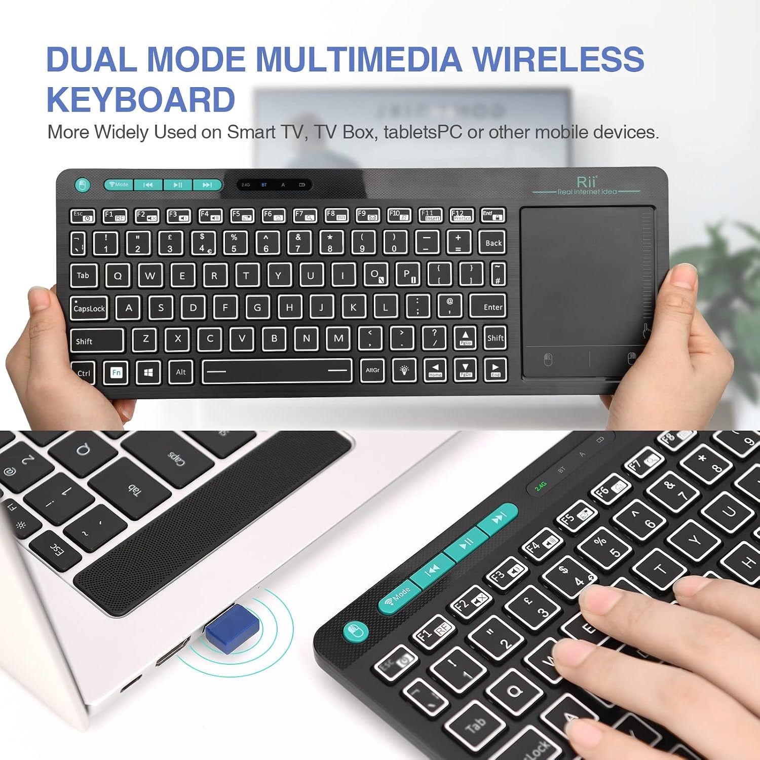 Wireless Keyboard with Touchpad, RT518S Bluetooth Keyboard Dual Mode Backlit Multimedia Keyboard Rechargeable for Android TV Box,Pc,Tablets,Smart TV, HTPC, Iptv,Windows