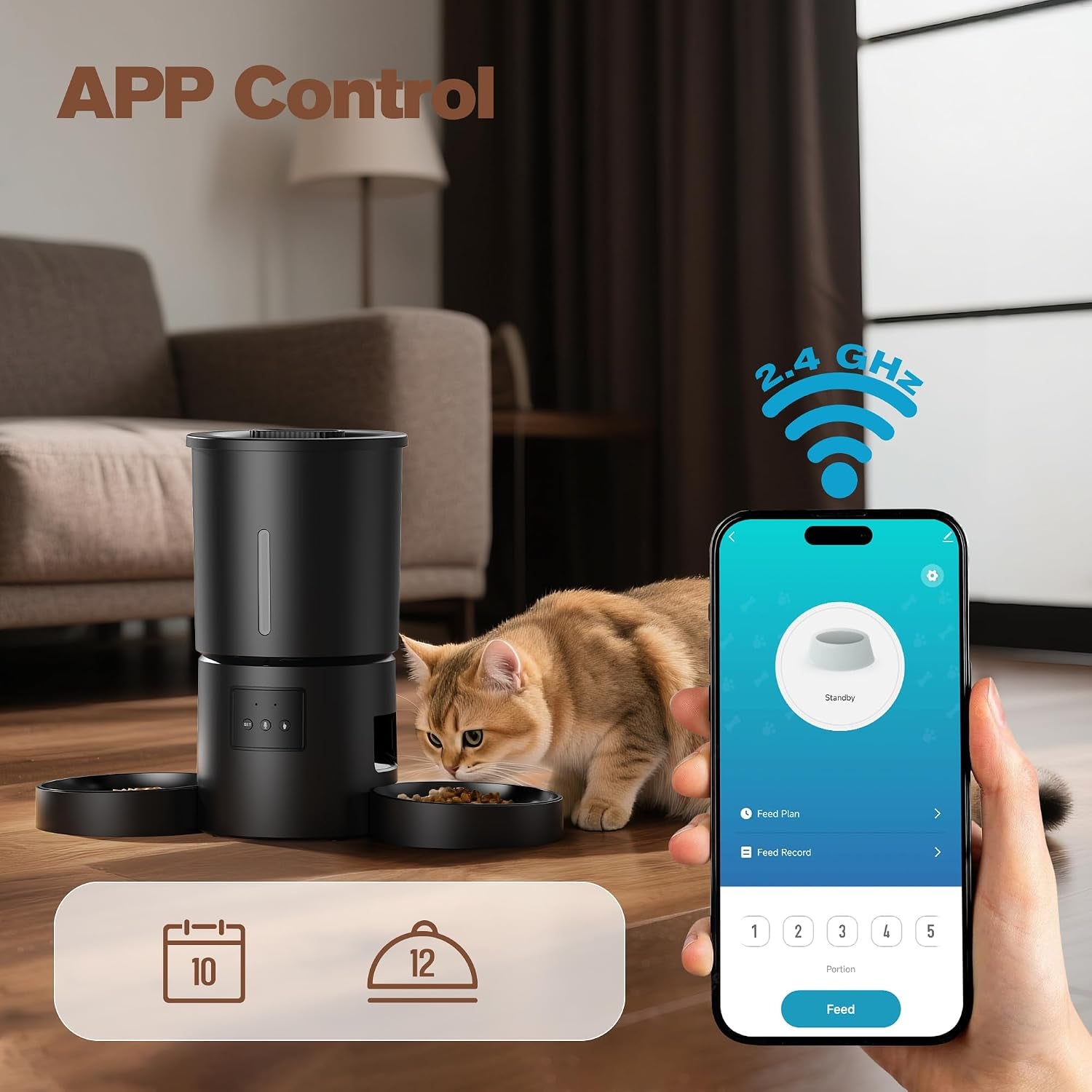 Automatic Cat Feeder with 2 Bowls: 5L Automatic Cat Feeder for 2 Cats with 2.4G Wifi & App Timer for Dry Food -  Dual Bowl Design for Mult Cats & Dogs - Black