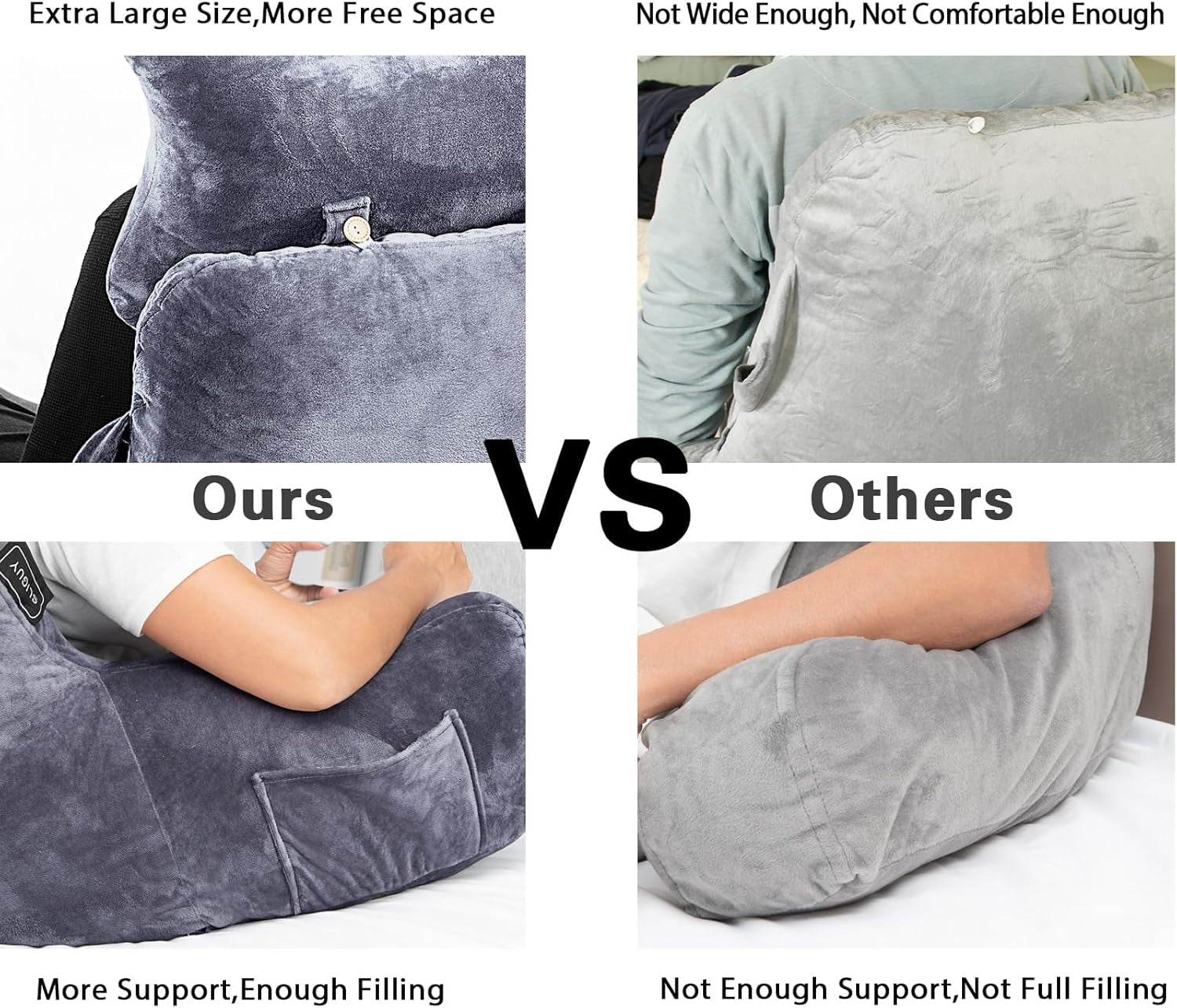 Reading Pillow for Sitting in Bed Couch Adult, Back Pillow with Arm Support and Pockets, Adult Back Pillow Bed Chair for Bed Rest, Reading, Watching TV, Gaming for Boys and Girls Dark Grey