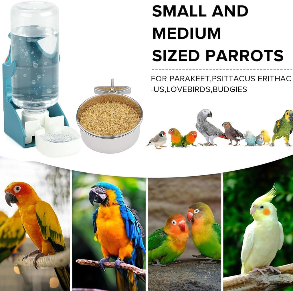 No Mess Bird Feeder Water Dispenser Set, Automatic Parrot Feeder Cage Accessories, Clear Parakeet Seed Container Food Feeder Drinker for Cage, Cockatiel Finch Lovebirds Budgies Canary (Set-A)