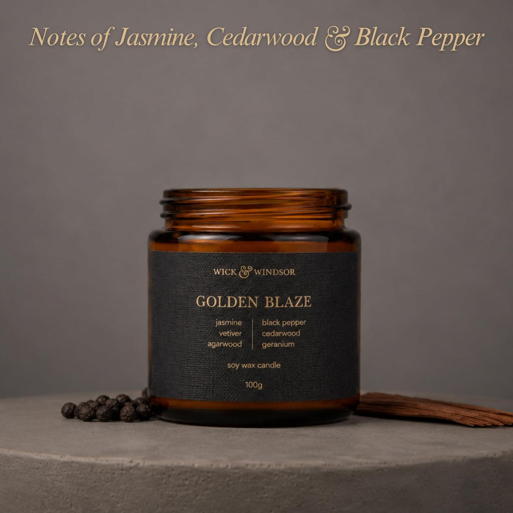 | Scented Candle Gift Set | Origins Collection | 3 Luxury Soy Wax Candles | Wooden Wick | 3×100G | Amber, Black Pepper & Sea Salt | Gift for Him - Birthday, Christmas & Father'S Day