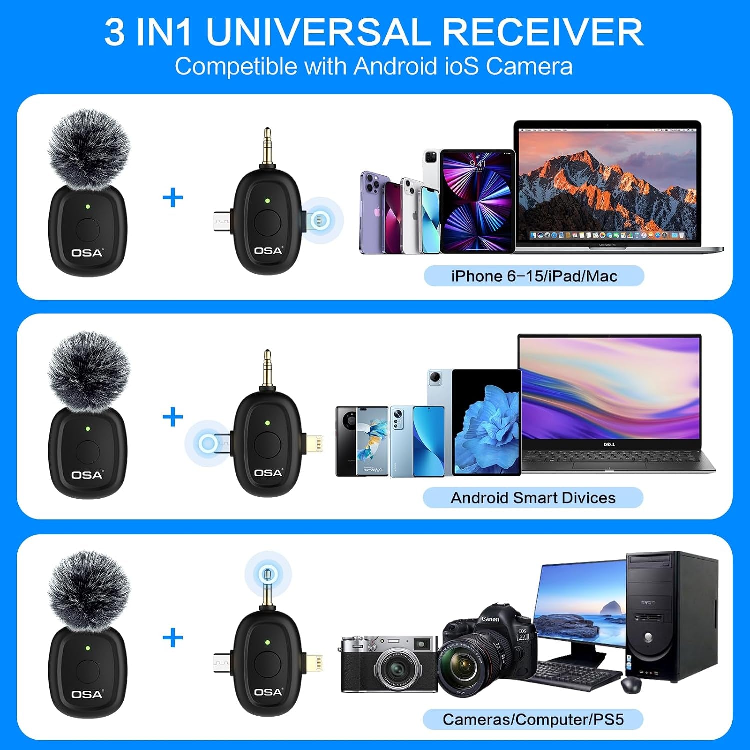 3 in 1 Wireless Microphone for Iphone,Camera,Android,And Laptop, 8H Long Working Time Lapel Mic with Noise Reduction for Video Recording,Vlog,Youtube,Tiktok