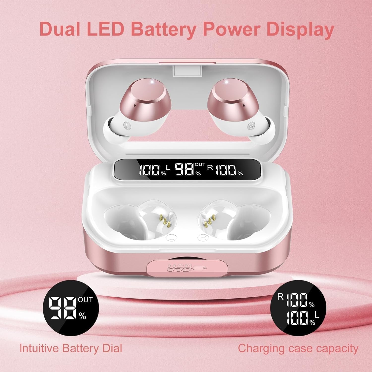 Wireless Earbuds,Bluetooth 5.3 Headphones 2025 Bluetooth Headphones in Ear with 4 ENC Mic, Wireless with LED Display, IP7 Waterproof Headset, 128H Bluetooth Headset, Touch Controls, USB-C