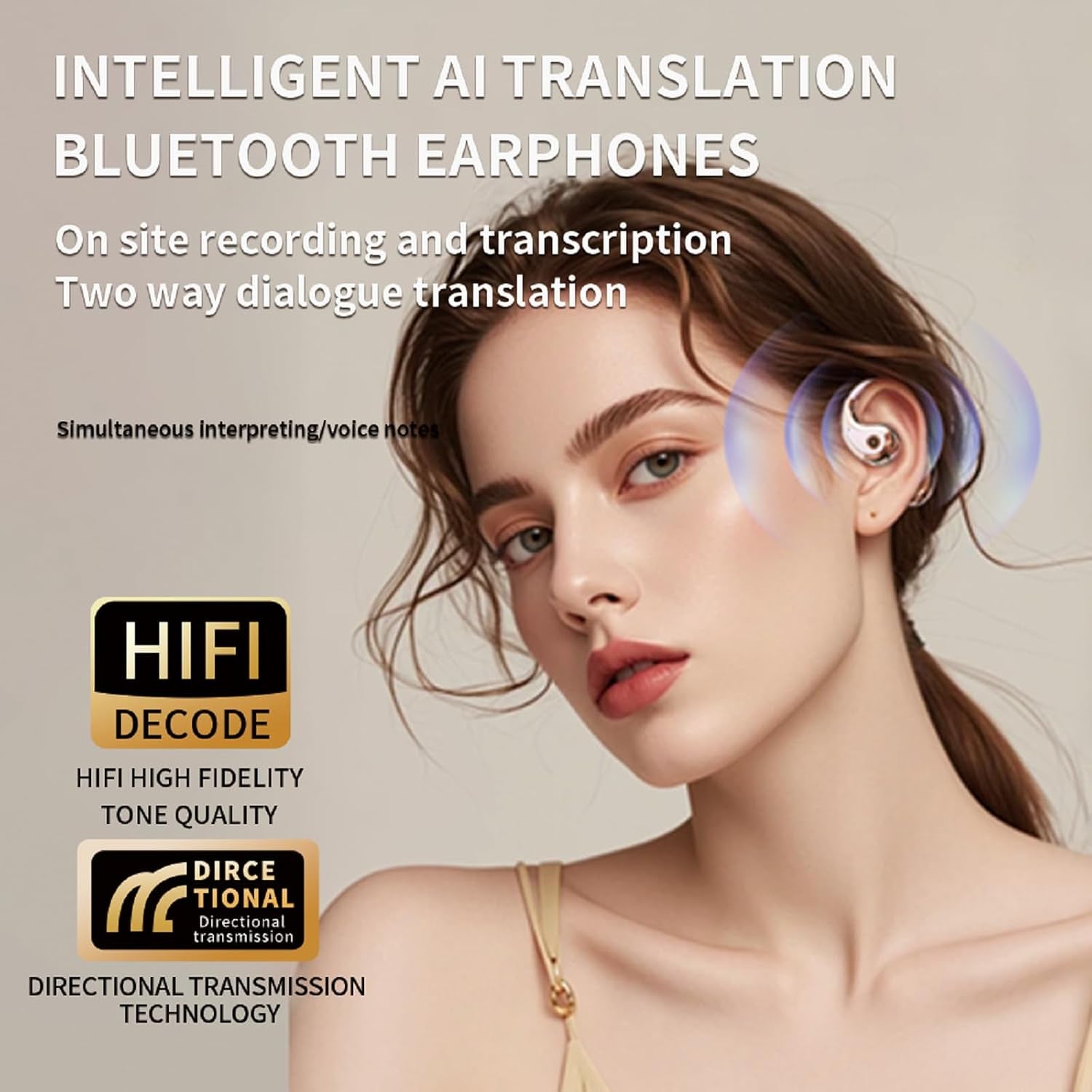 Open Ear AI Language Translation Headphones Real-Time Translator over Ear Earbuds Translating Hook Earphones ENC Noise Cancelling Bluetooth 5.4 Translate Ear Buds with Ear Hooks for Business Travel