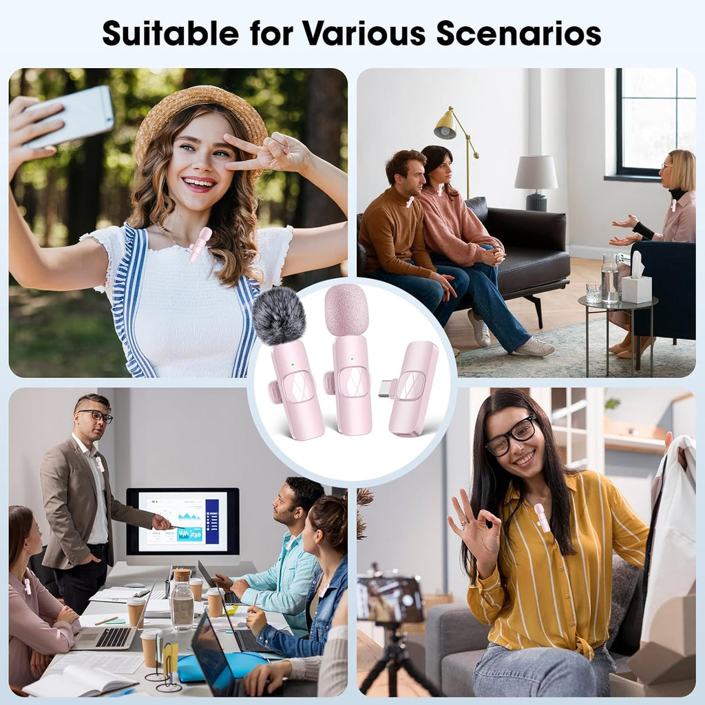 Wireless Microphone for Android Phone/Iphone/Laptop, Lavalier Microphone for Video Recording, Vlog, Live Broadcast (Pink)
