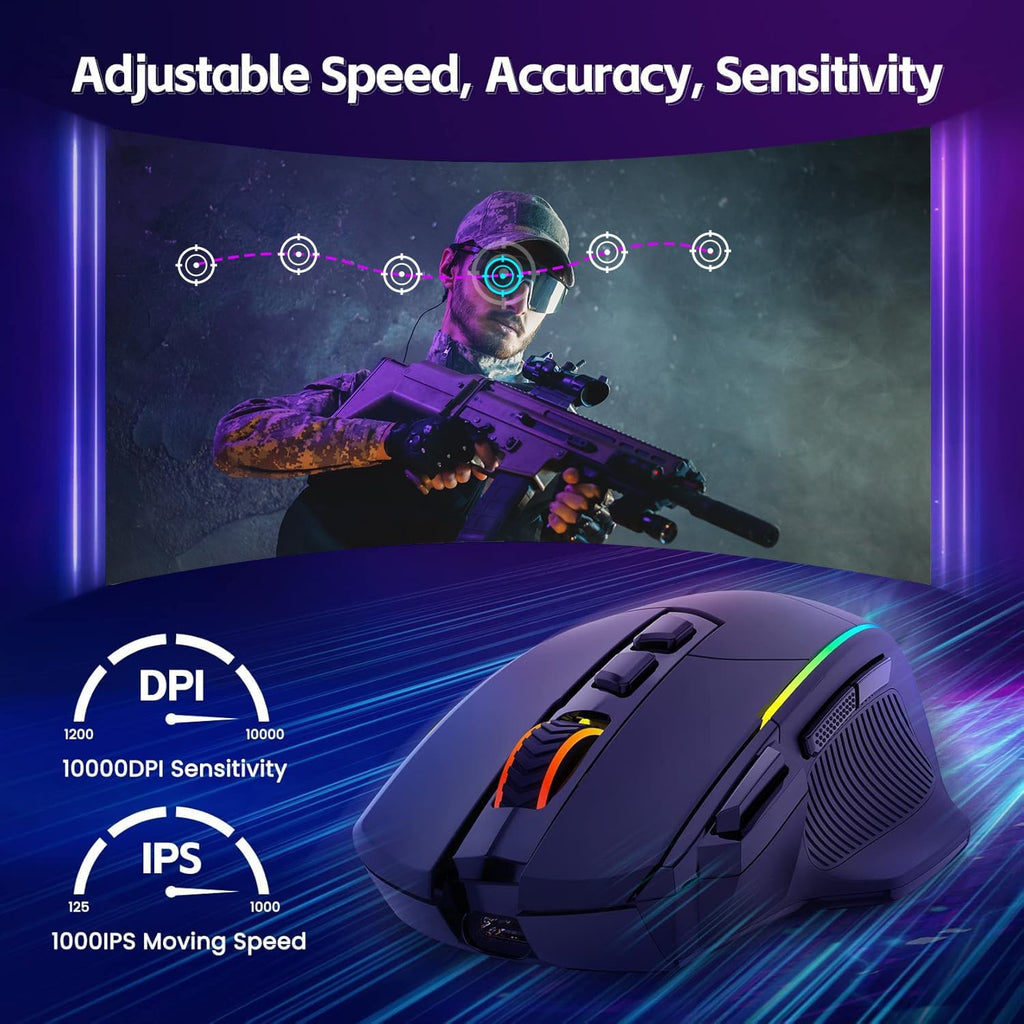 Wireless Gaming Mouse, 2.4G/Usb-C/Bluetooth, up to 10,000DPI, RGB Backlit