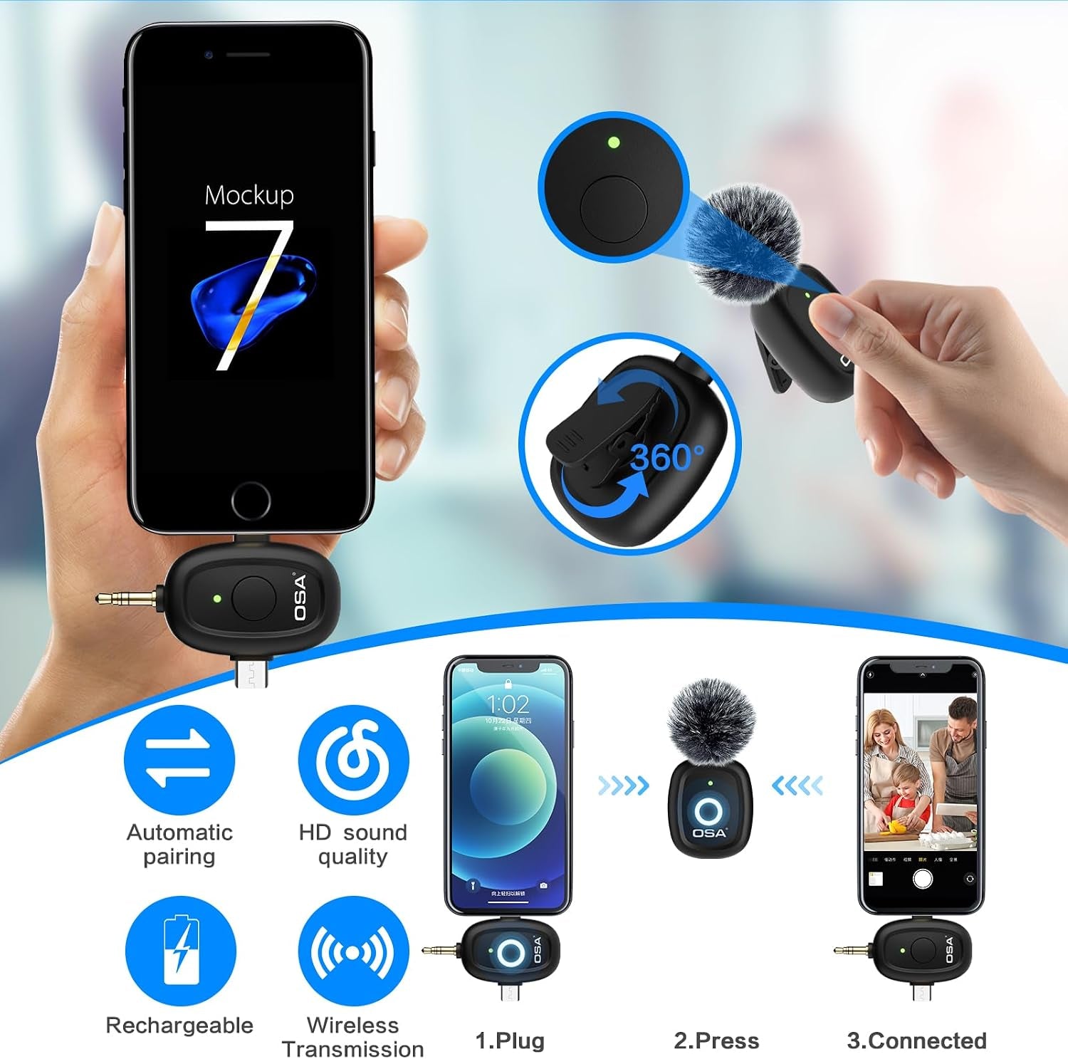 3 in 1 Wireless Microphone for Iphone,Camera,Android,And Laptop, 8H Long Working Time Lapel Mic with Noise Reduction for Video Recording,Vlog,Youtube,Tiktok