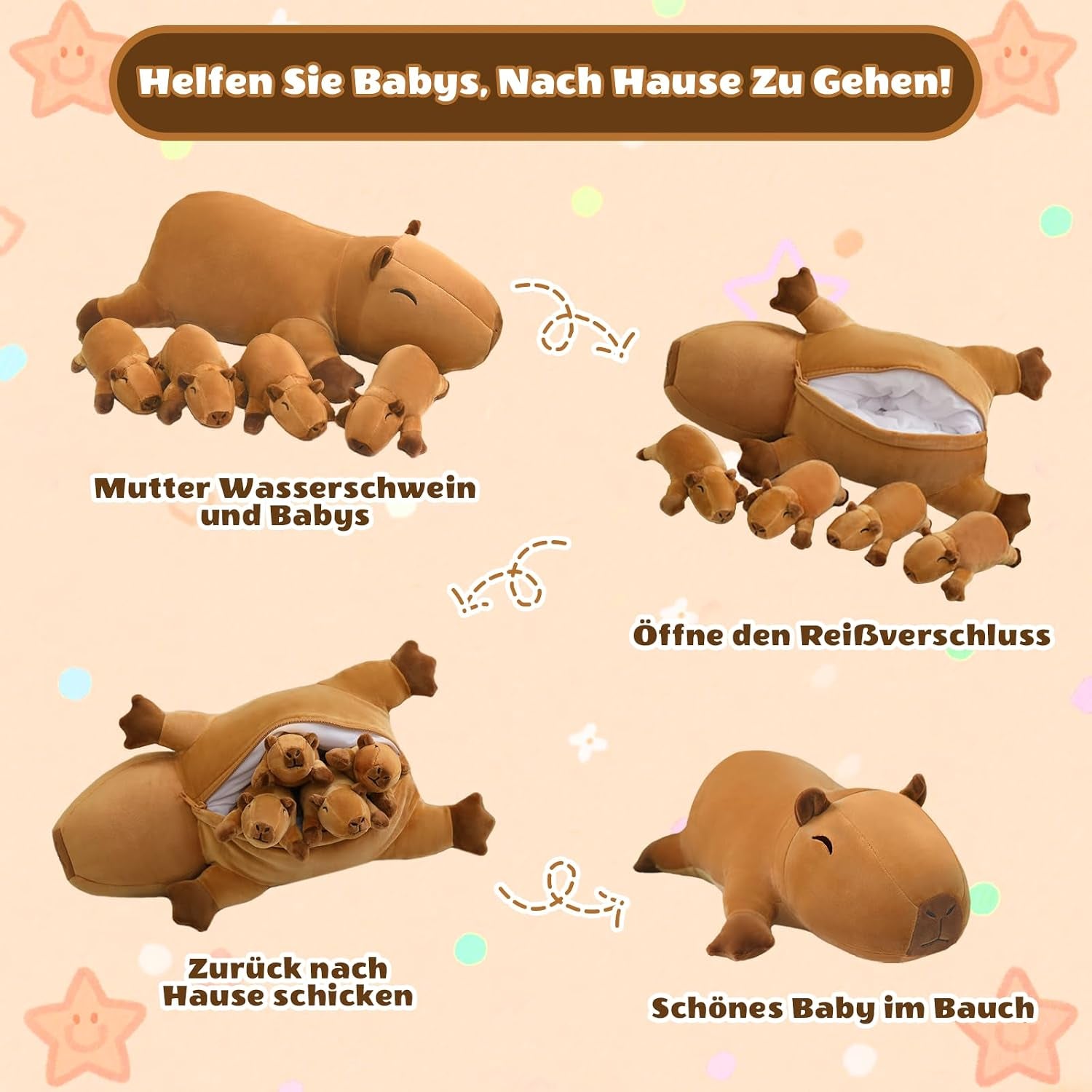 Capybara Plush Toy, Capybara with 4 Babies Inside, Soft Plush Toys