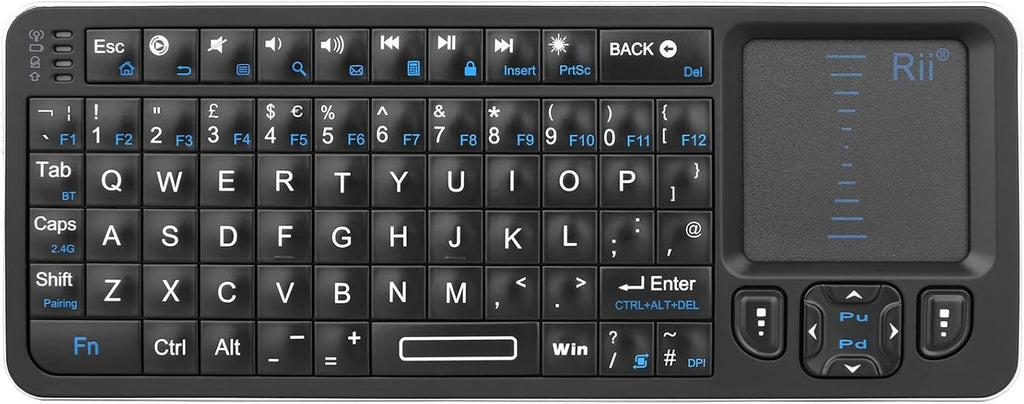 Mini Wireless Keyboard with Trackpad, IR Remote, Small Keyboard for Home Entertainment, Smart TV, Mac, Laptop, Windows, Tablet, Projector (2.4G+Bluetooth, Rechargeable, Backlit)