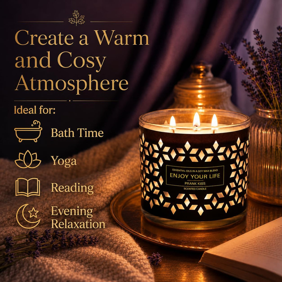 3-Wick Lavender Scented Candle 14Oz Soy Wax Large Jar Gift Set for Home