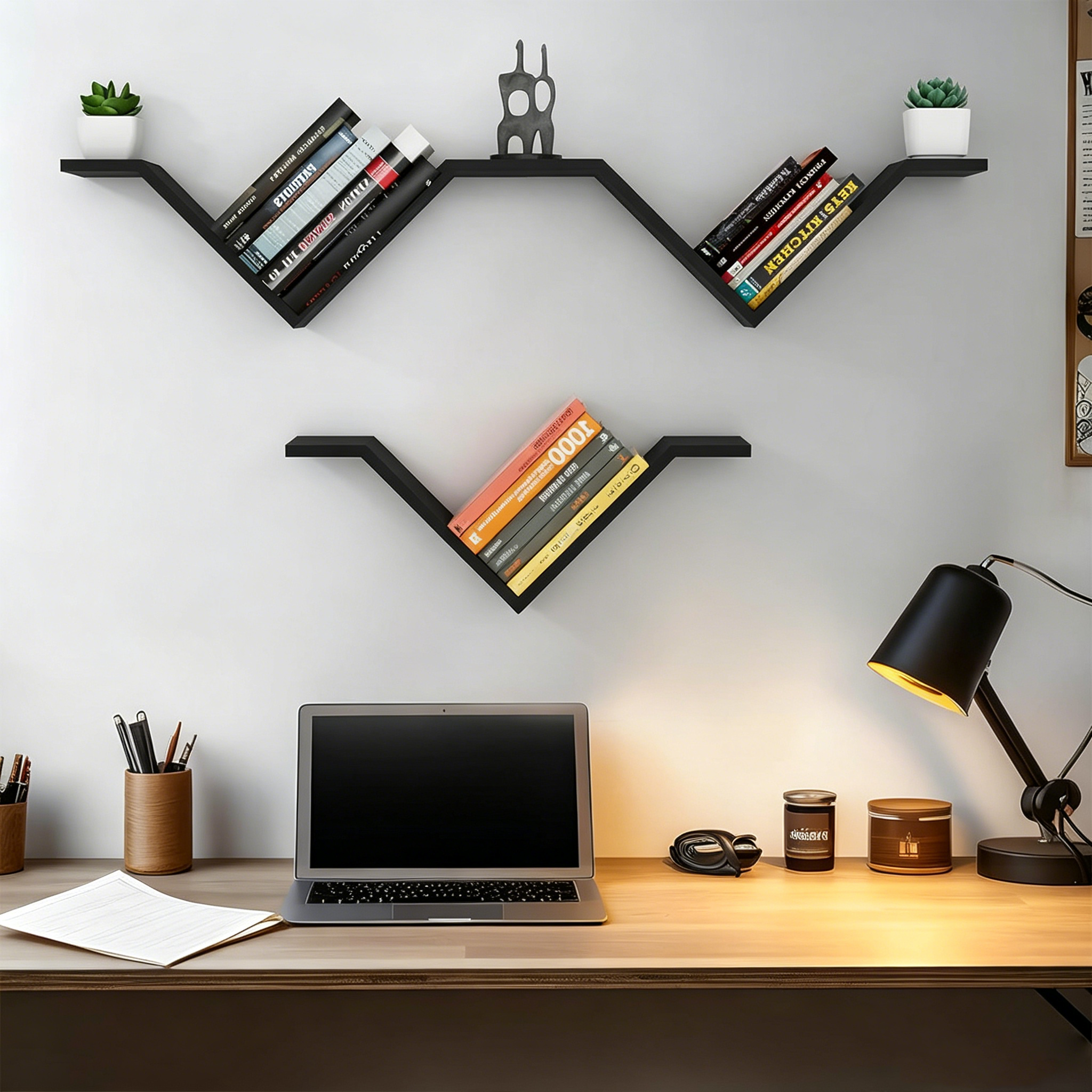 V-shaped wall mounted floating bookshelf