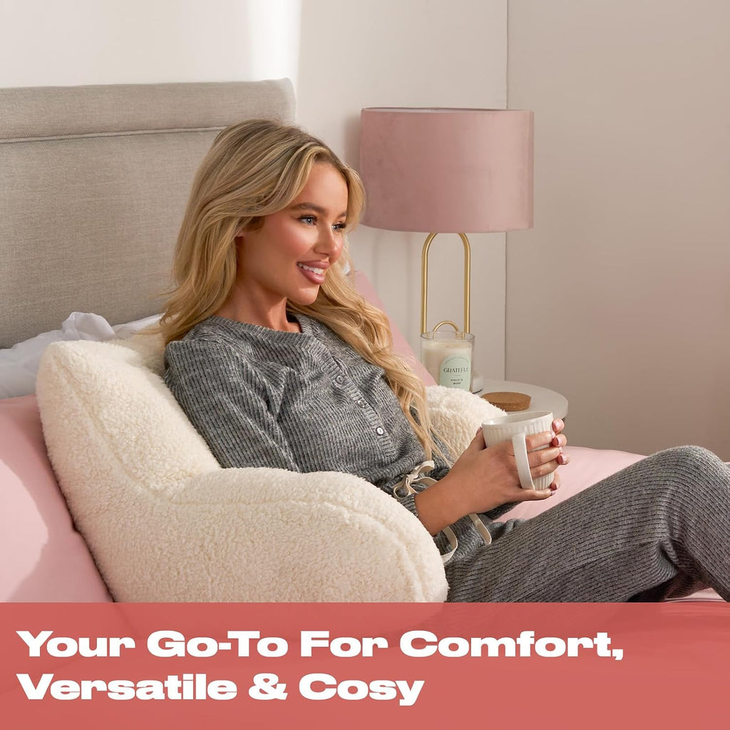 Reading Pillow Teddy Fleece Cream, Cuddle Cushion for Adults Super Soft Cosy Back Support Cushion with Arms Comfy Back Pillow for Bed Relaxing Comfy