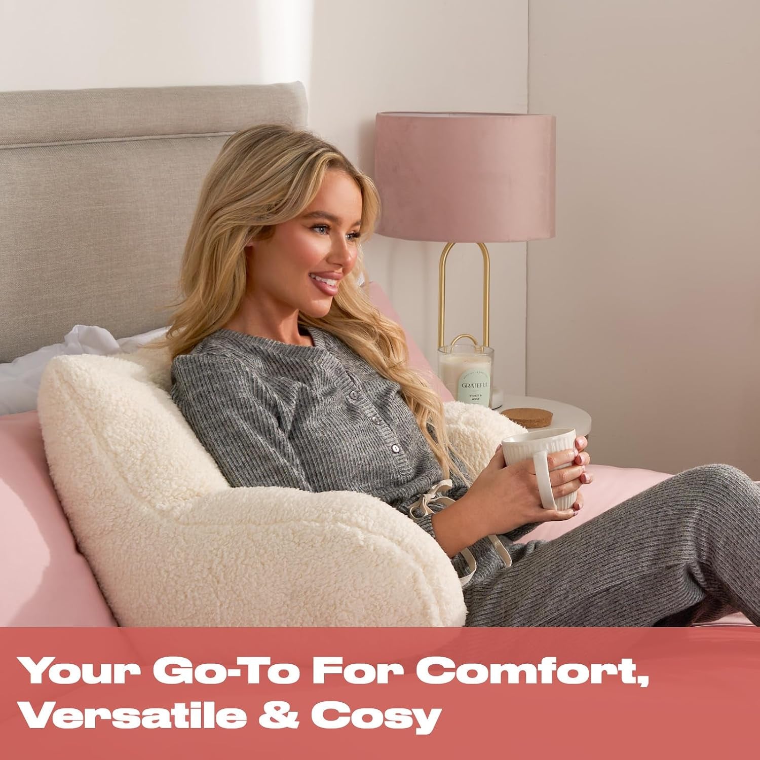 Reading Pillow Teddy Fleece Cream, Cuddle Cushion for Adults Super Soft Cosy Back Support Cushion with Arms Comfy Back Pillow for Bed Relaxing Comfy