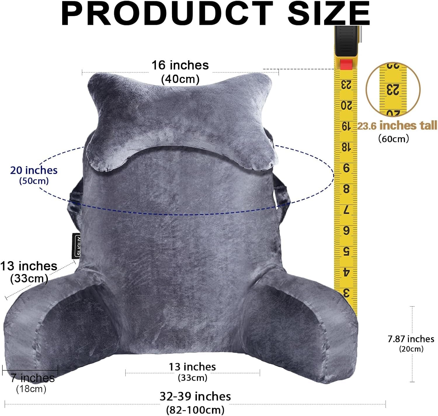 Reading Pillow for Sitting in Bed Couch Adult, Back Pillow with Arm Support and Pockets, Adult Back Pillow Bed Chair for Bed Rest, Reading, Watching TV, Gaming for Boys and Girls Dark Grey