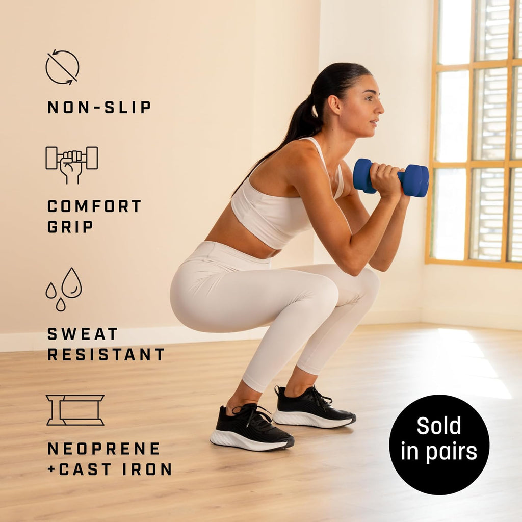 Weights Dumbbells Set Women & Men - Neoprene-Coated & Sweat-Resistant Weights Set with Anti-Roll Technology & A3 Exercise Poster, Gym Equipment for Home, 1-10 Kg Dumb Bells Pair
