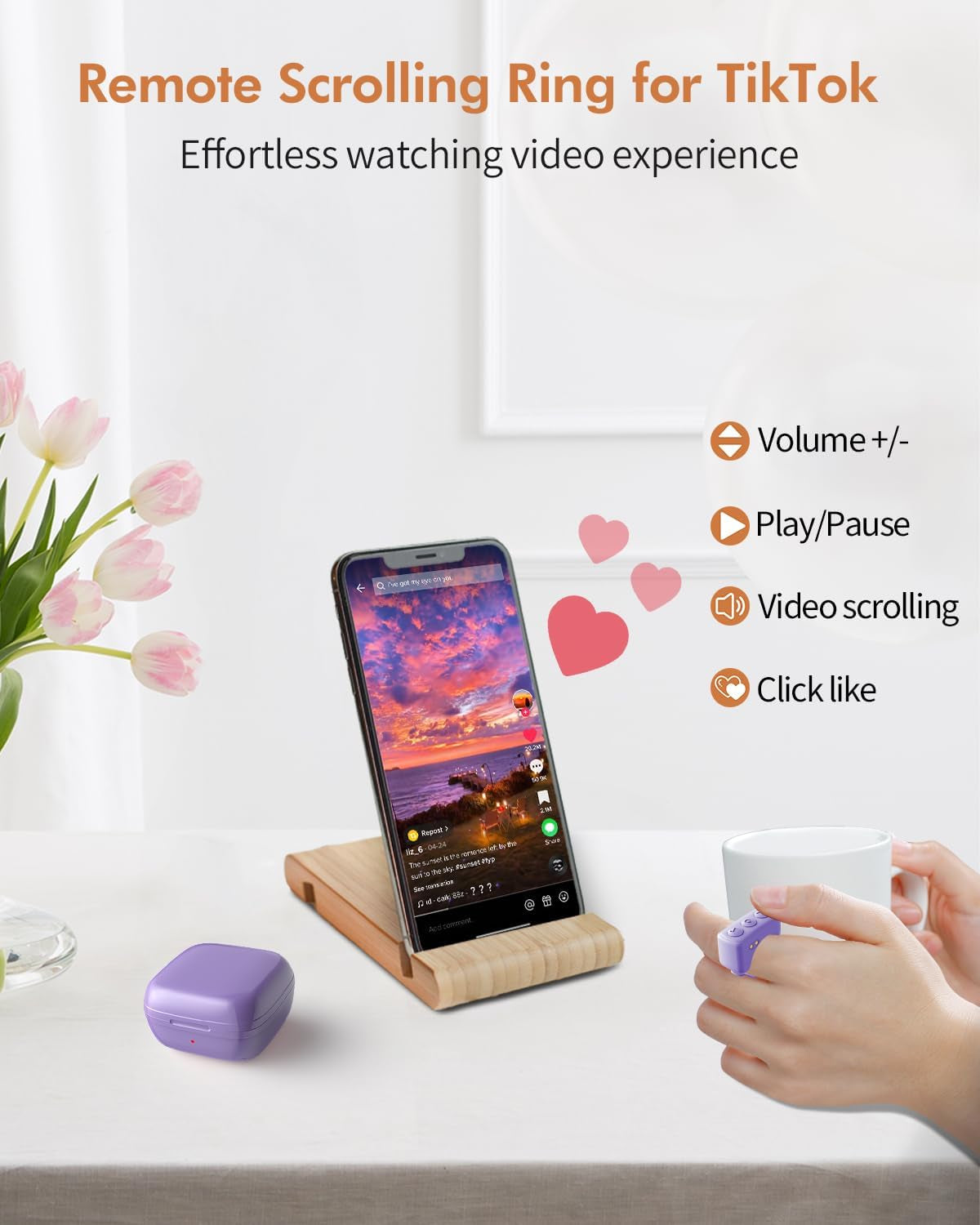 Tiktok Scrolling Ring, Bluetooth Remote Control Page Turner for Ios Ipad Android, Finger Scroller for Tiktok Camera Video Shutter Selfie Button - Purple
