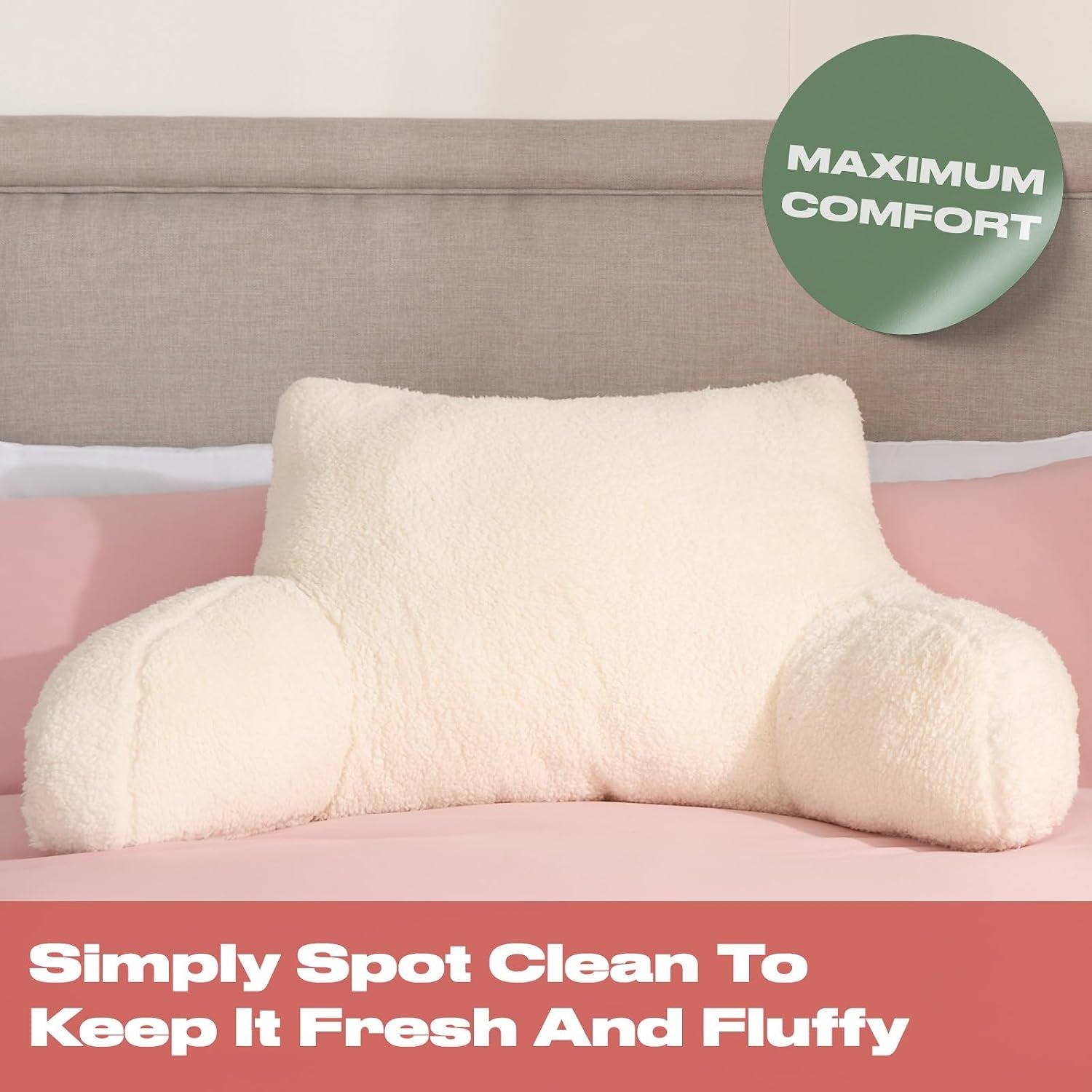 Reading Pillow Teddy Fleece Cream, Cuddle Cushion for Adults Super Soft Cosy Back Support Cushion with Arms Comfy Back Pillow for Bed Relaxing Comfy