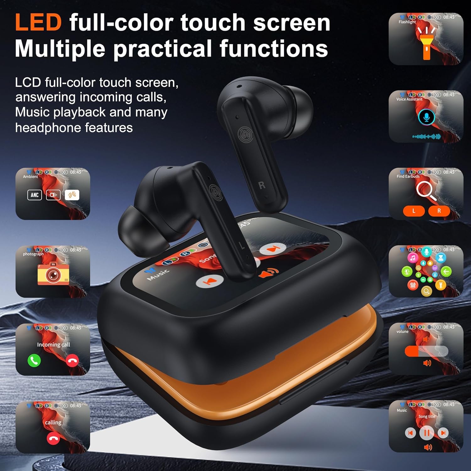 Wireless Earbuds Touch Screen ANC Active Noise Cancelling Earphones,In Ear Gaming Headphones Wireless Bluetooth Ear Phones ENC Ear Buds Noise Cancelling Bluetooth Earbuds LED Display