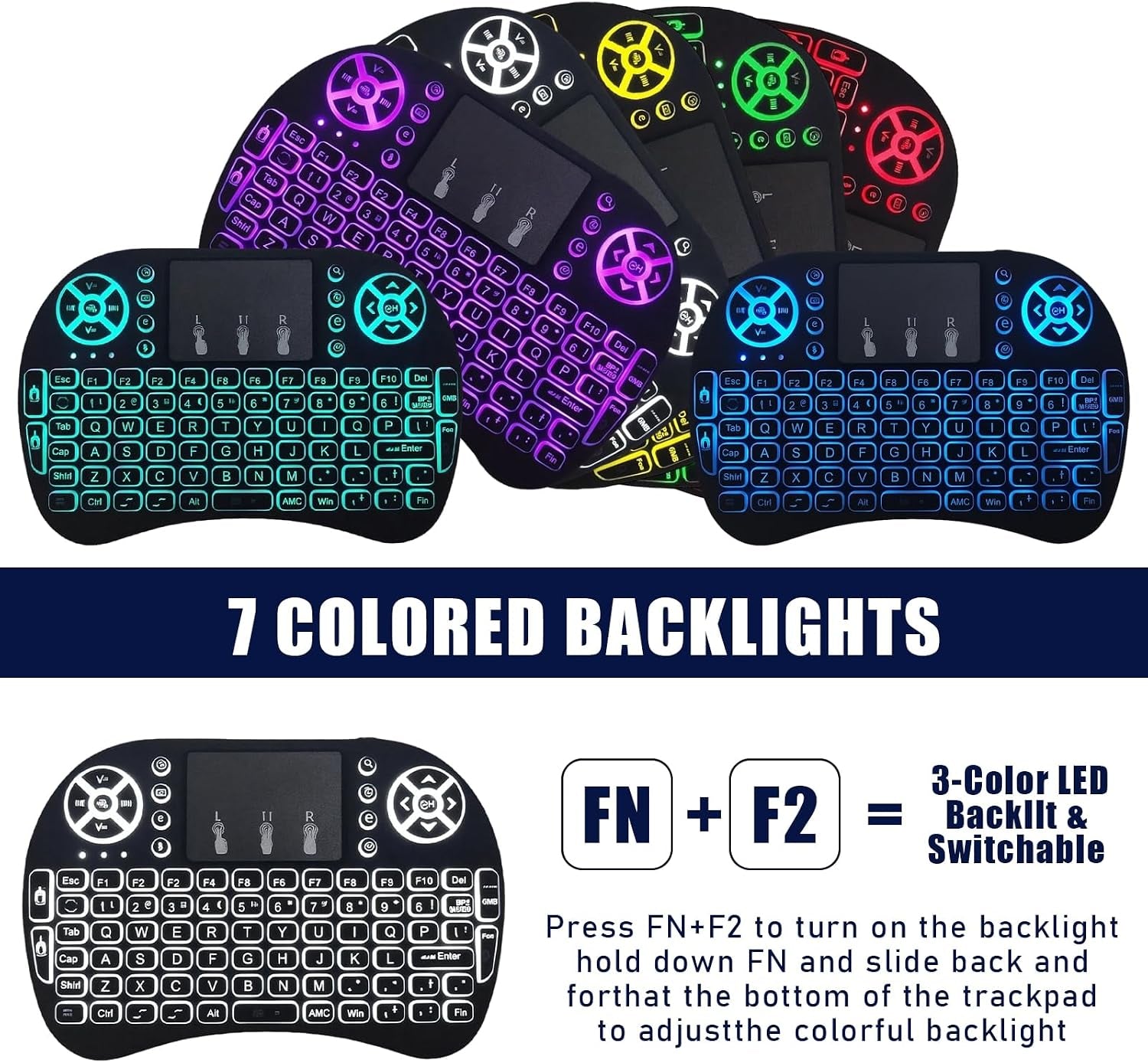 Mini Bluetooth Keyboard with Touchpad, 2.4Ghz Wireless Multimedia Keyboard Handheld Remote, 7 Colors Small Keyboard with Backlit Rechargeable Battery for PC Laptop Smart TV Raspberry Pi KODI TV Box