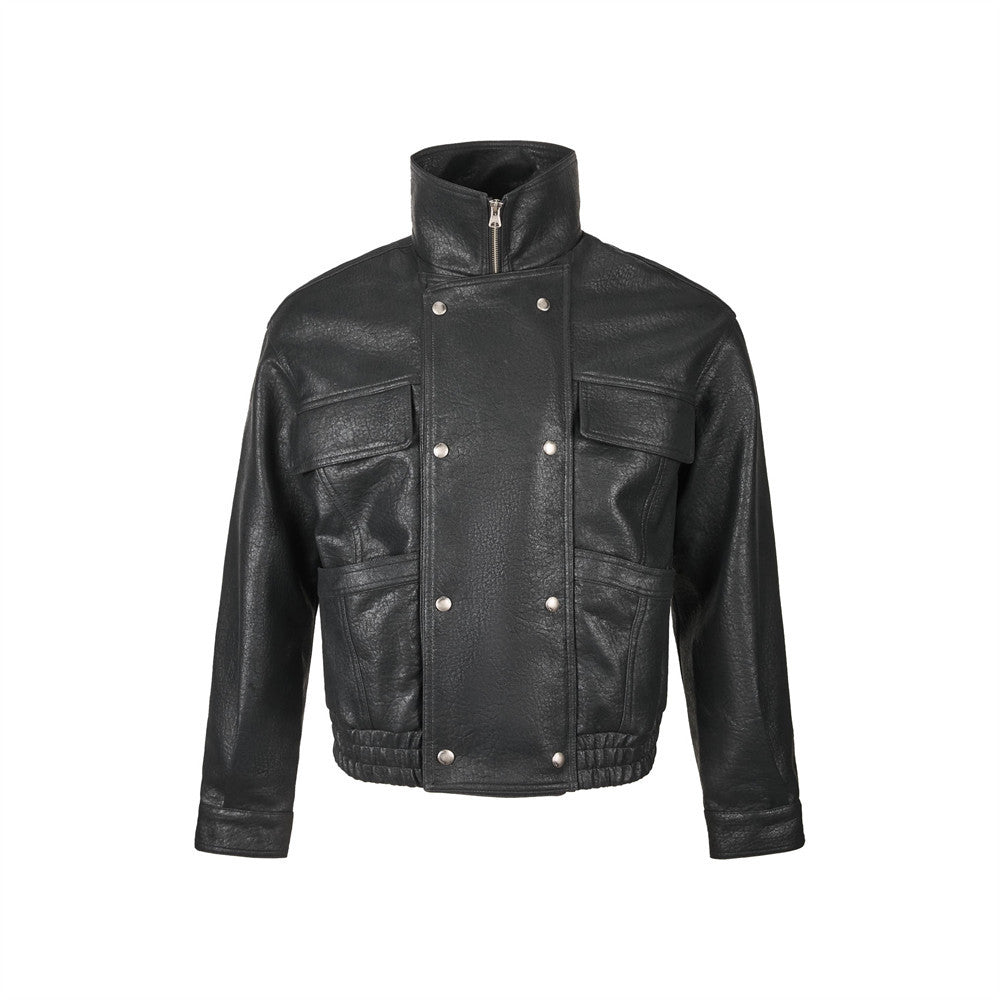 Stand collar short leather jacket for men