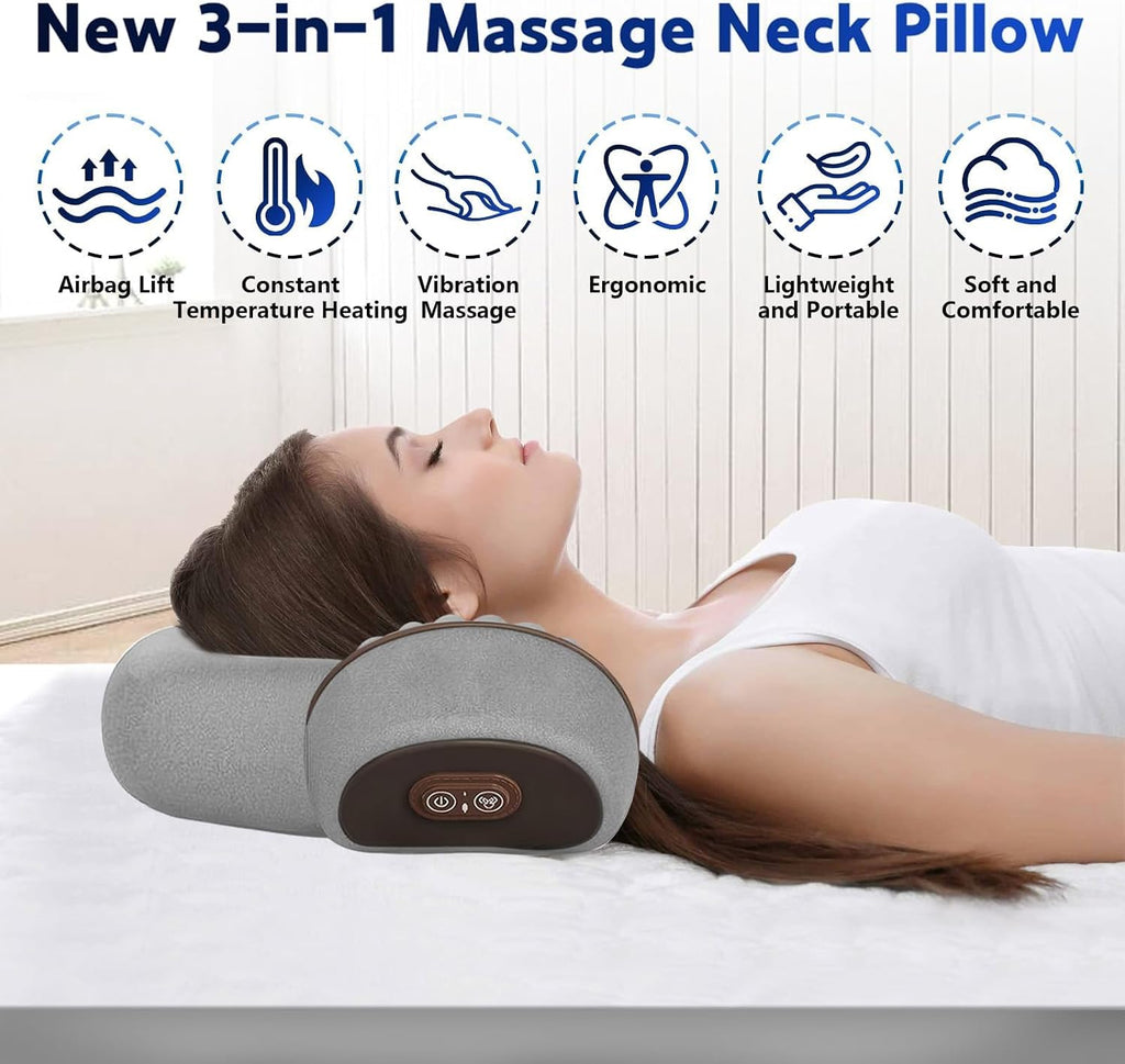 3 in 1 Neck Massager, 2026 New Heated Massage Neck Pillow, Cervical Traction Bed Back Pillow Sleeping, Deep Massage and Relaxation, Ergonomic Design