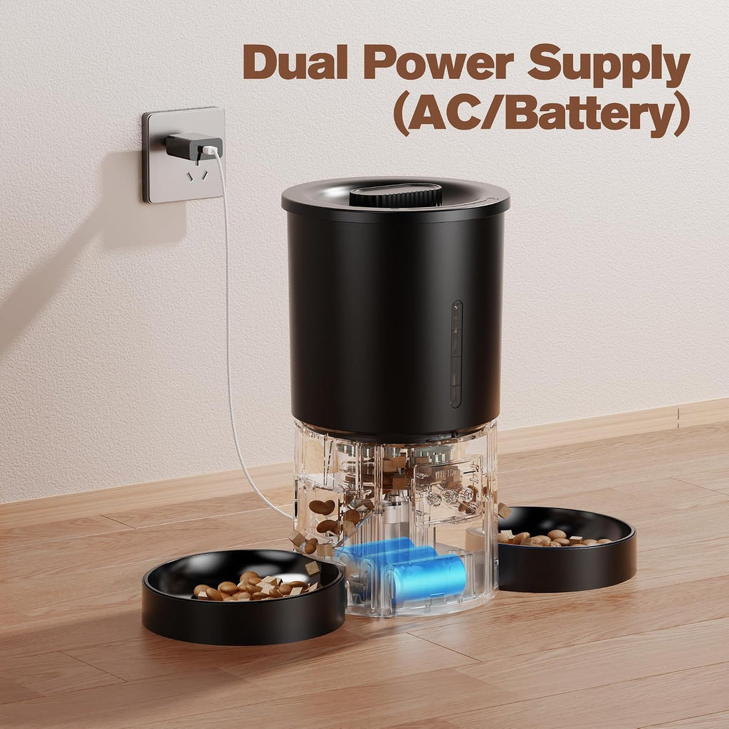 Automatic Cat Feeder with 2 Bowls: 5L Automatic Cat Feeder for 2 Cats with 2.4G Wifi & App Timer for Dry Food -  Dual Bowl Design for Mult Cats & Dogs - Black