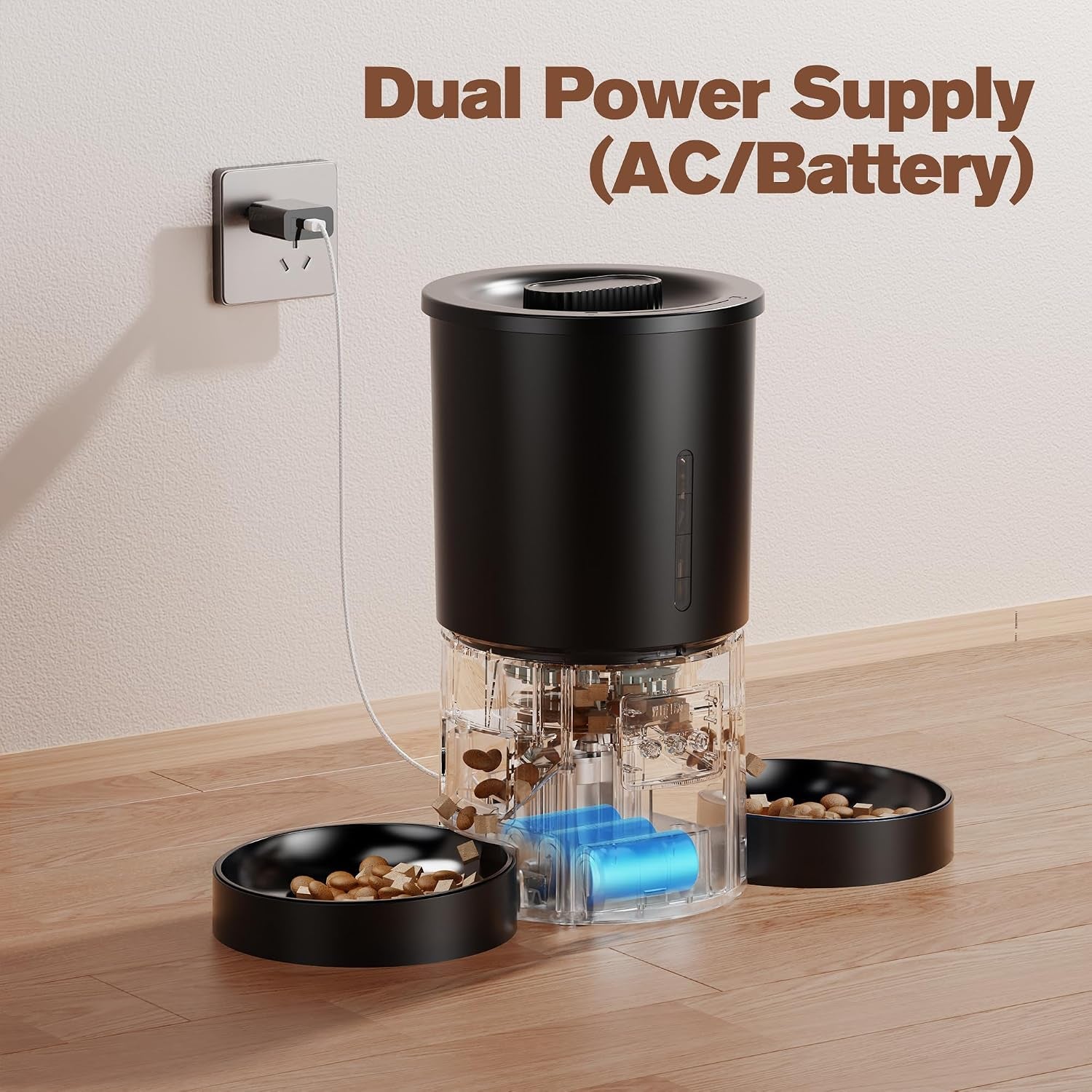 Automatic Cat Feeder with 2 Bowls: 5L Automatic Cat Feeder for 2 Cats with 2.4G Wifi & App Timer for Dry Food -  Dual Bowl Design for Mult Cats & Dogs - Black