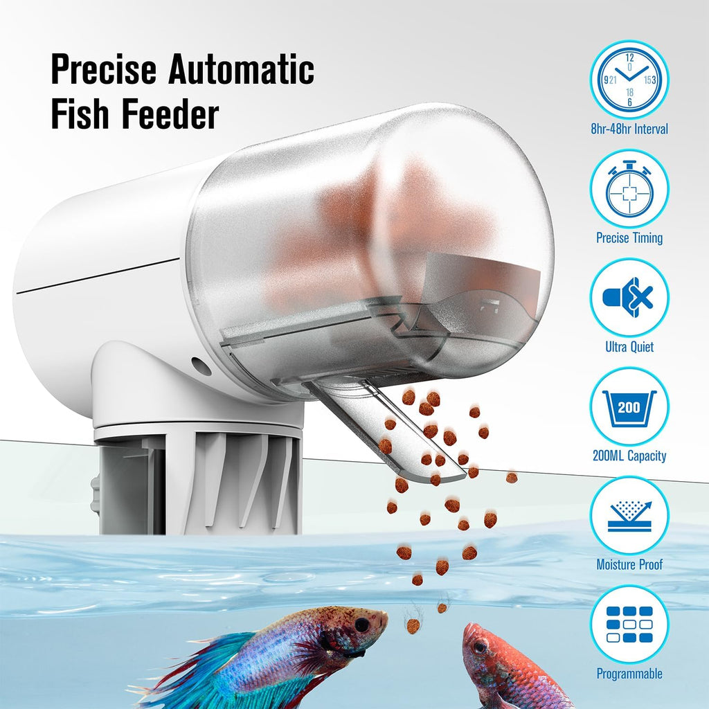Automatic Fish Feeder Dispenser for Aquarium, 200Ml Large Capacity Auto Turtle Fish Feeder for Small Tank, Battery Powered Food Feeding Timer for Flakes Pellet Vacation, Batteries Included