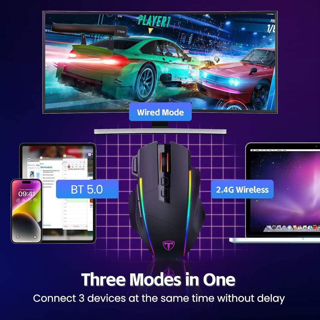 Wireless Gaming Mouse, 2.4G/Usb-C/Bluetooth, up to 10,000DPI, RGB Backlit