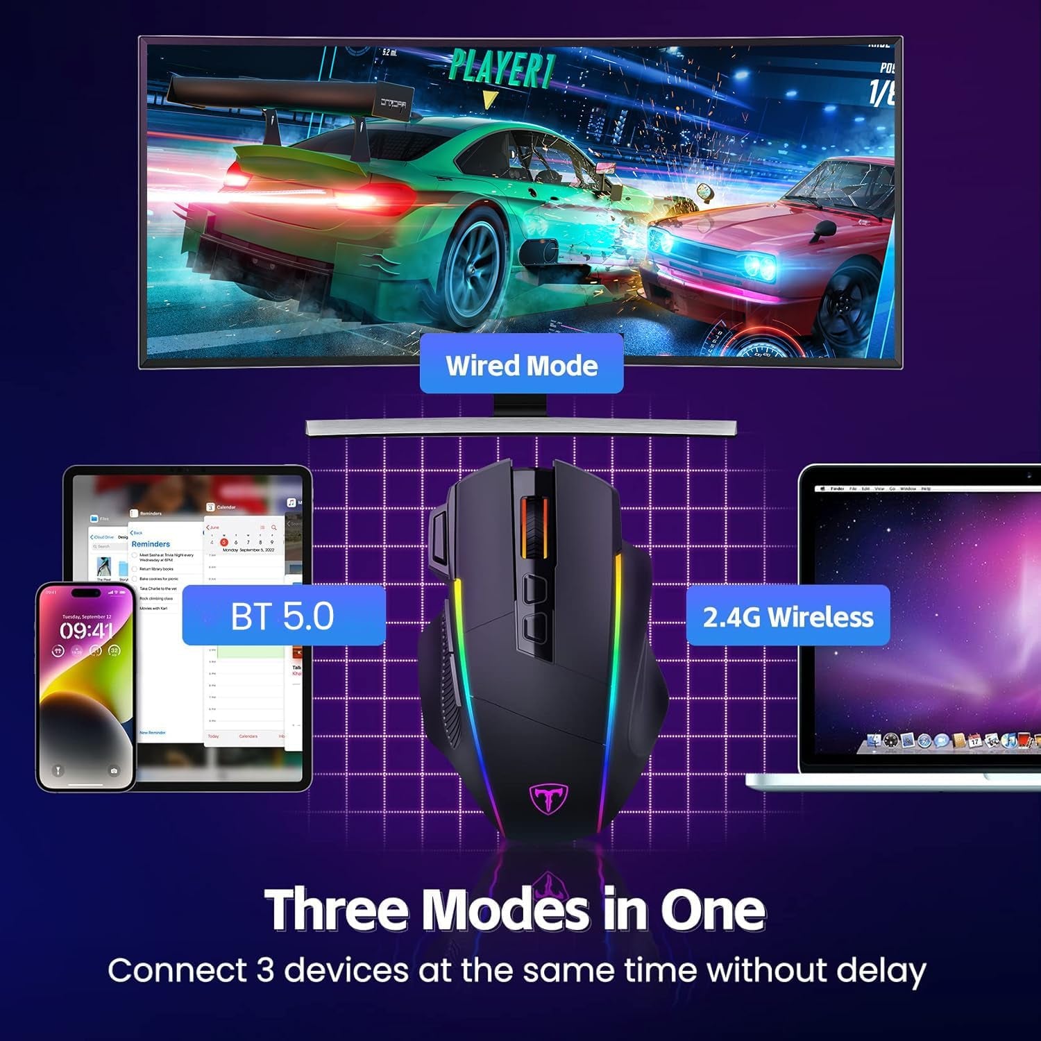 Wireless Gaming Mouse, 2.4G/Usb-C/Bluetooth, up to 10,000DPI, RGB Backlit