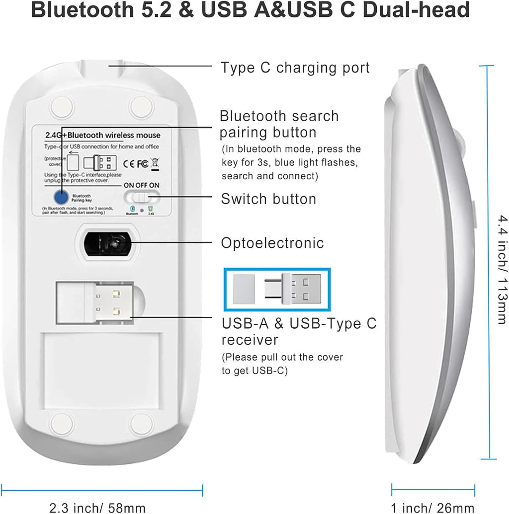 Wireless Bluetooth Mouse for Macbook Air Pro Imac Laptop Desktop Surface Pro, Wireless Computer Mouse USB C Rechargeable Portable Slim Quiet Mice for Mac Mini/Ipad/Pc