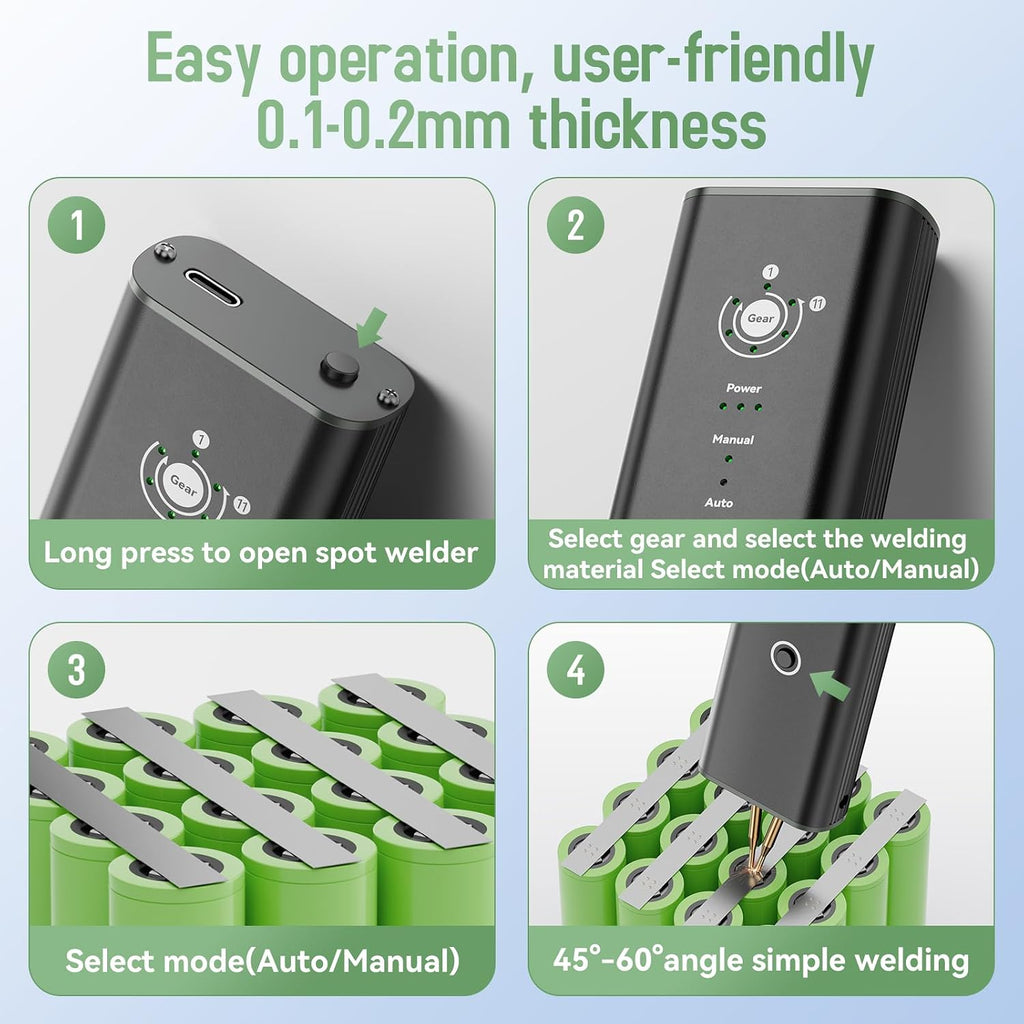 Compact Handheld Spot Welder, Auto/Manual Mode with 11 Gears for Mobile Phone & Bluetooth Battery 18650 Battery Welding, Aluminum Alloy Shell Battery Spot Welder