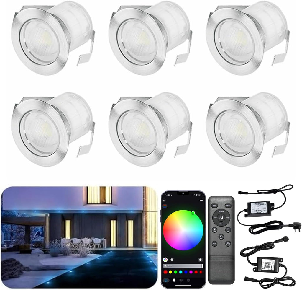 6 Pack RGB Wifi LED Decking Lights, IP67 Waterproof Ø30Mm Plinth Lights
