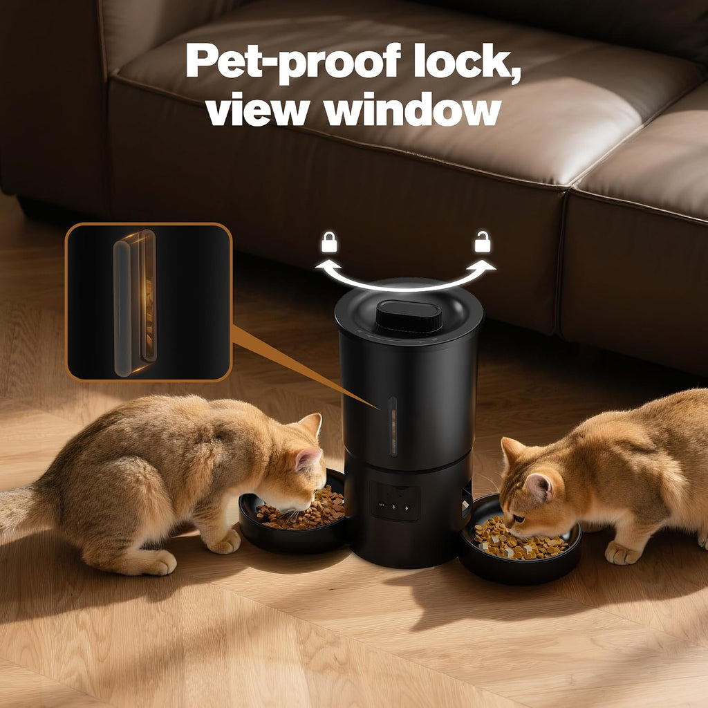 Automatic Cat Feeder with 2 Bowls: 5L Automatic Cat Feeder for 2 Cats with 2.4G Wifi & App Timer for Dry Food -  Dual Bowl Design for Mult Cats & Dogs - Black
