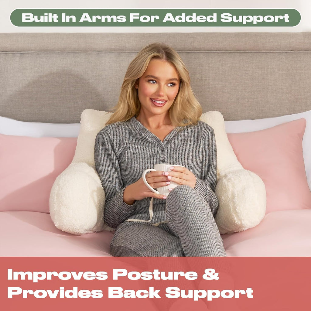 Reading Pillow Teddy Fleece Cream, Cuddle Cushion for Adults Super Soft Cosy Back Support Cushion with Arms Comfy Back Pillow for Bed Relaxing Comfy