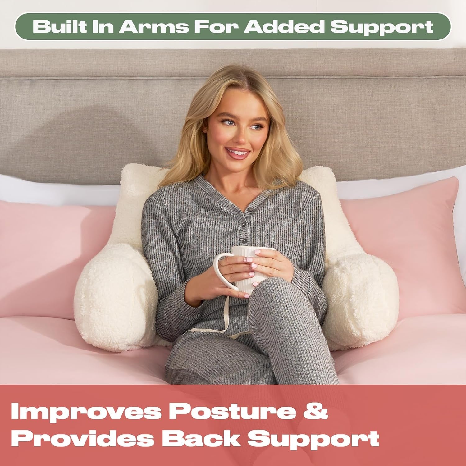 Reading Pillow Teddy Fleece Cream, Cuddle Cushion for Adults Super Soft Cosy Back Support Cushion with Arms Comfy Back Pillow for Bed Relaxing Comfy