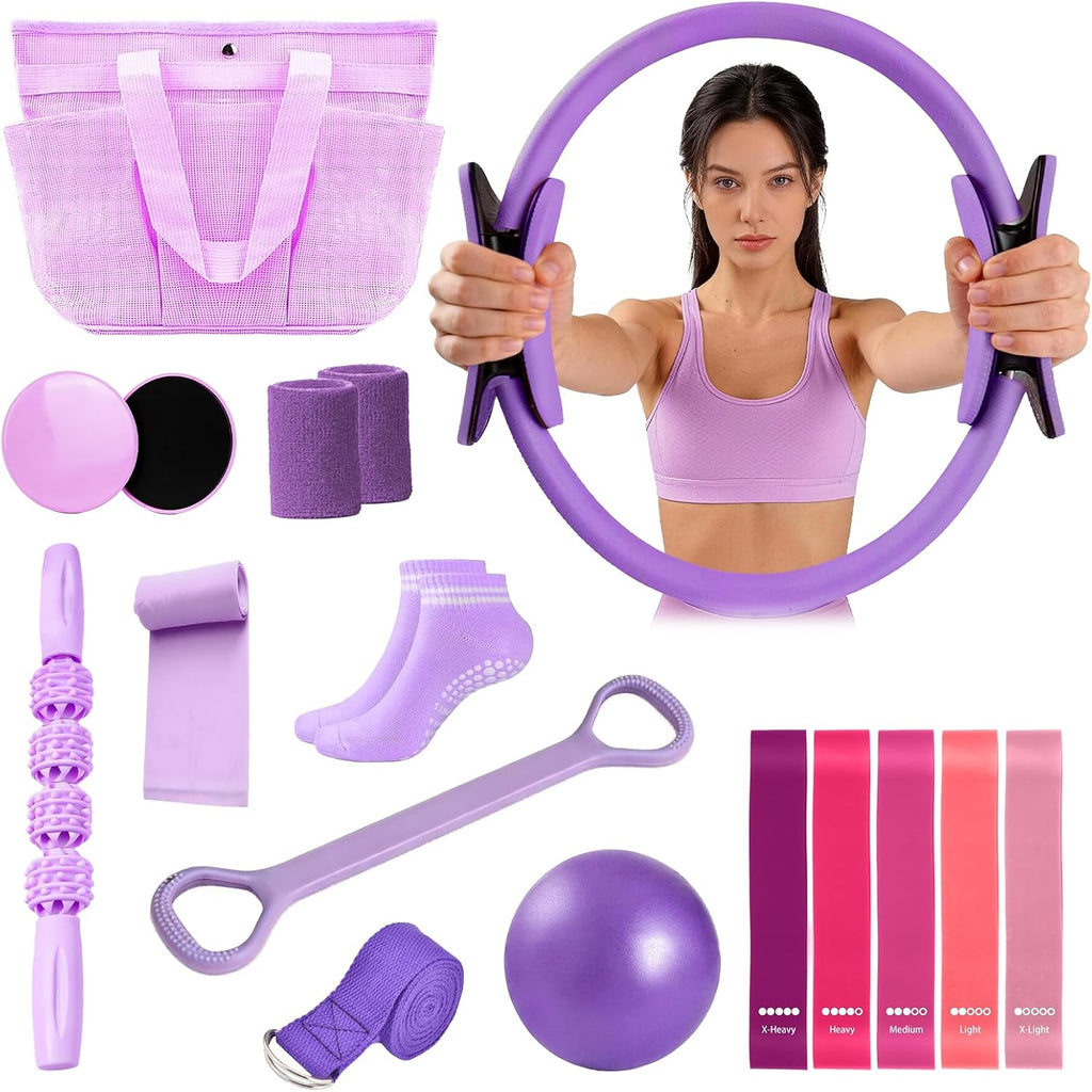 Pilates Equipment 15PCS Essential Kit, Home Workout Pilates Starter Ring Kits for Women Beginners, Yoga Ball, Resistance Bands, Non-Slip Wrist Straps, Fitness Exercise Equipment for Home Use
