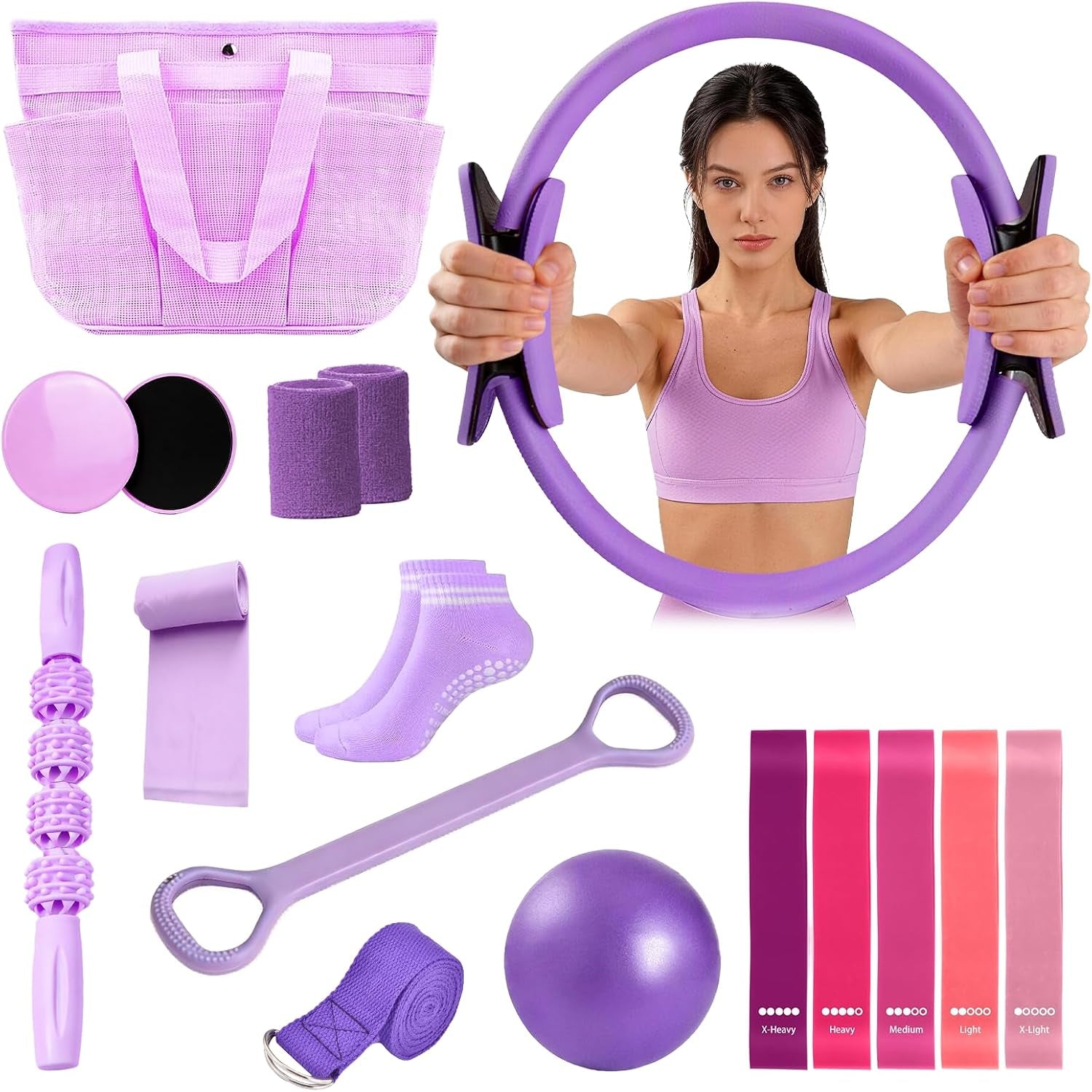 Pilates Equipment 15PCS Essential Kit, Home Workout Pilates Starter Ring Kits for Women Beginners, Yoga Ball, Resistance Bands, Non-Slip Wrist Straps, Fitness Exercise Equipment for Home Use